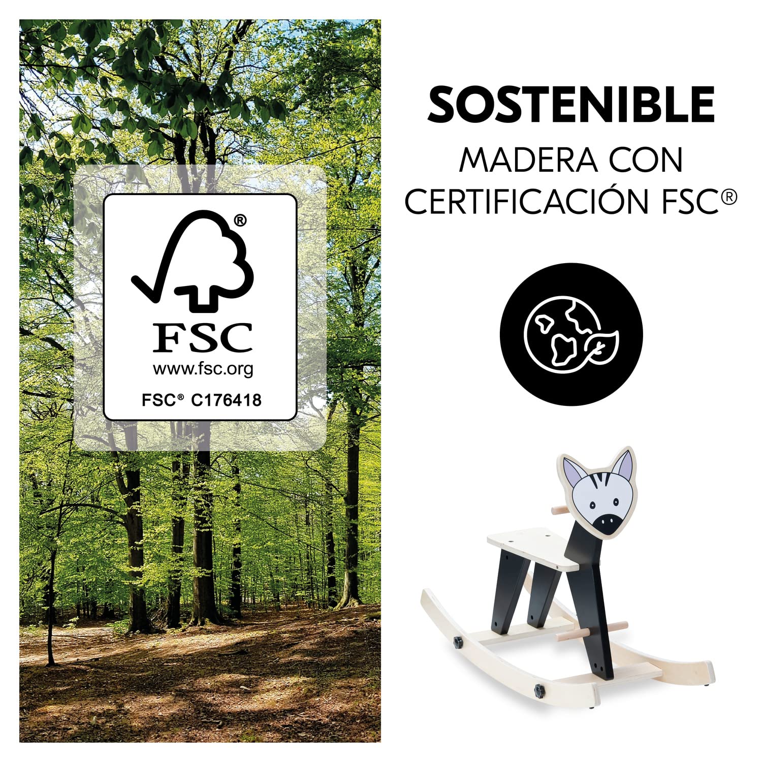 hauck Caballo Balancin Madera Certificada FSC®, Balancin Bebe a Partir de 18 Meses, Juguetes Montessori, Caballos Juguetes, Base Basculante Desmontable