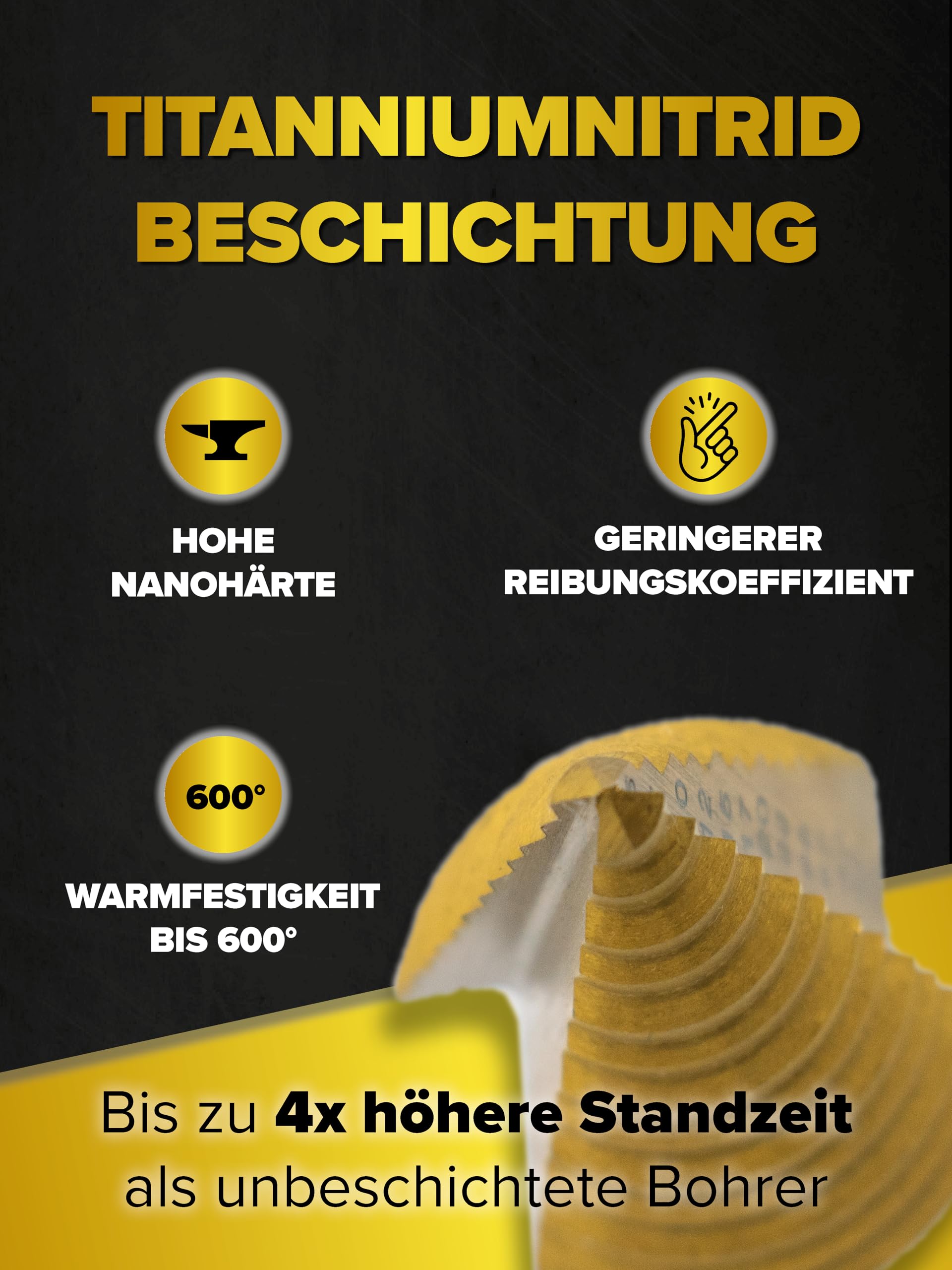 monkeystrong Stufenbohrer 35mm TiN – Ø 5-35 Metall 13 Stufen Kegelbohrer | HSS, Schälbohrer, Konusbohrer, Blechbohrer, für Baustahl, Eisen, NE-Metall, Kunststoff & Holz, mit Drehzahltabelle