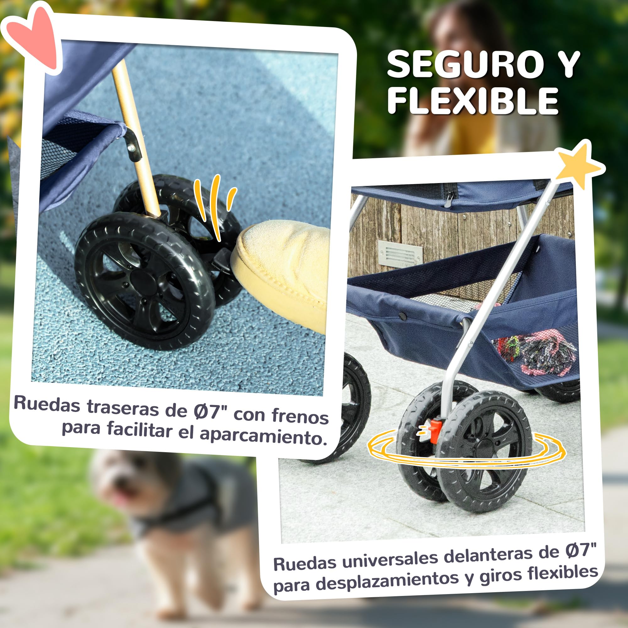 PawHut Carrito para Perros Plegable 3 en 1 Cochecito para Mascotas Carrito para Perros Miniatura con Cesta de Almacenaje Ventana de Malla Portavasos y 2 Ruedas Universales 76x50x102 cm Azul Oscuro