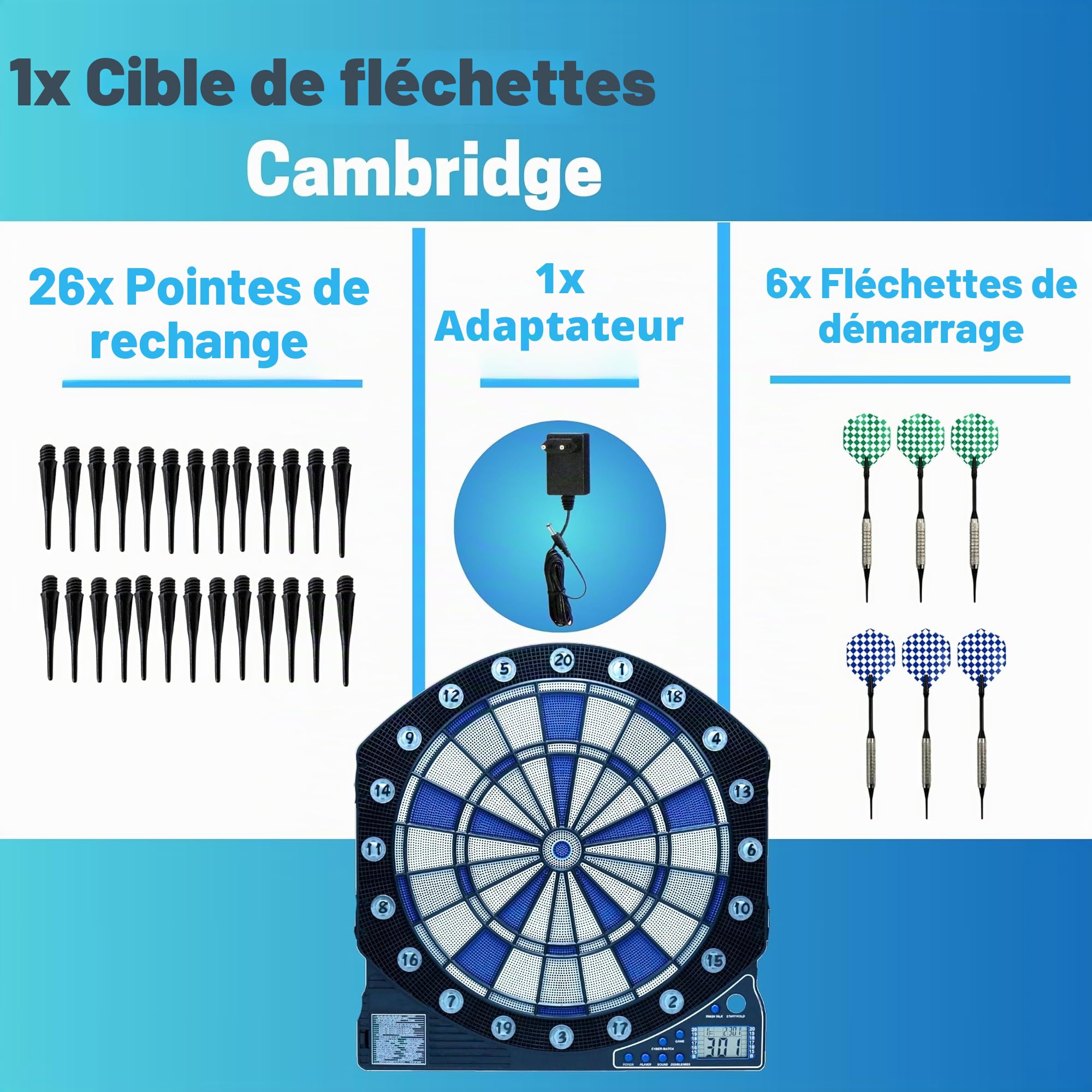 Best Sporting Cible électronique de fléchettes avec Chiffres Lumineux LED, 6 fléchettes avec Bloc d'alimentation