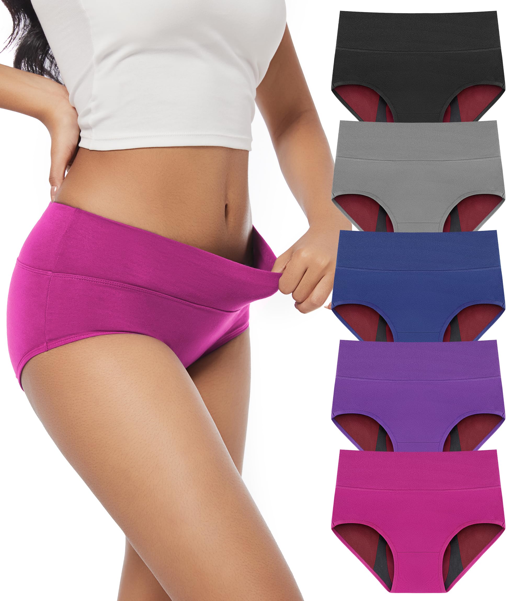 CAOZITOU Women's Incontinence Underwear, 100ml Leak-Proof Period High Waisted Brief Heavy Flow Bladder Leak Washable Cotton 5 Pack (Multicolor01, XX-Large)