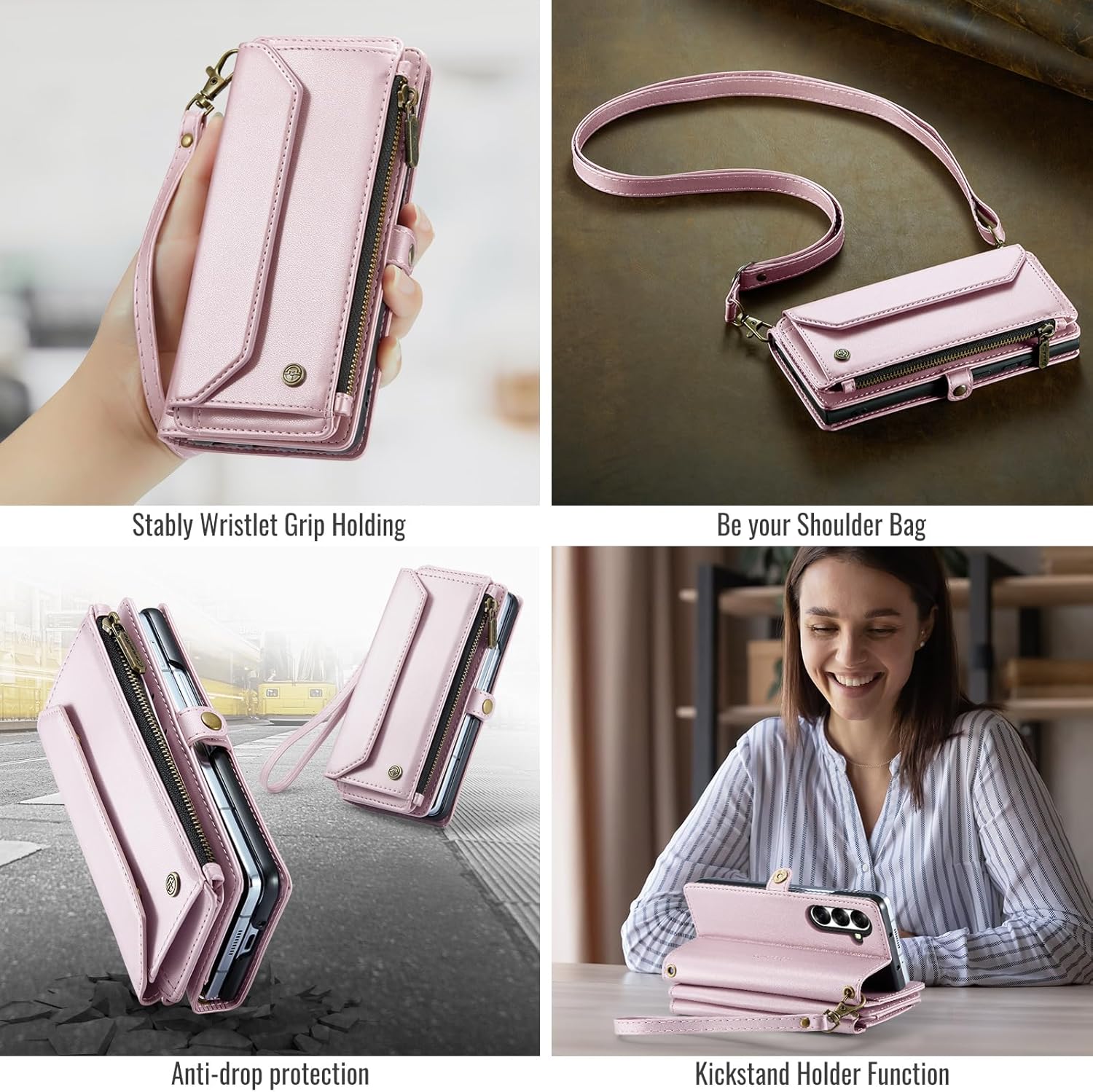 for Samsung Galaxy Z Fold 7 Wallet Case Durable Leather Cover with Card Holder Flip Flap Wrist Strap Zipper Closure & RFID Blocking Case for Galaxy Z Fold 7 Pink