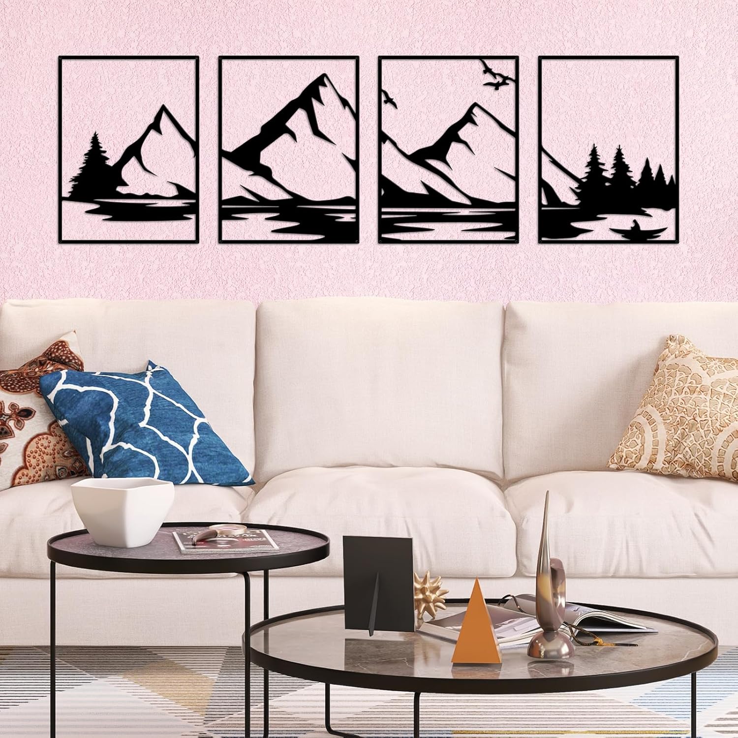 DUOOLN 4 Pcs Mountain View Metal Wall Art Decor, Large Forest Decorative Painting, Metal Vertical Hanging Wall Sculptures for Home Living Room Bedroom Garden Sofa Backdrops Decorations