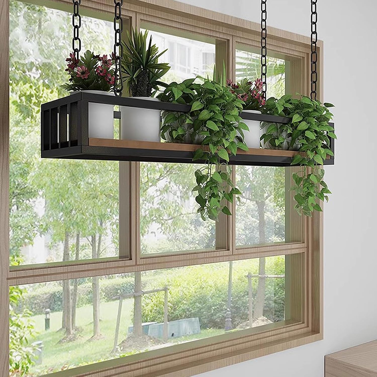 Ceiling Hanging Plant Display Shelves - 1m Iron Chain, Wooden Base, Perfect for Balcony & Flower Shop - Stora Rack for Pots & Flowers, 100x25x1 cm