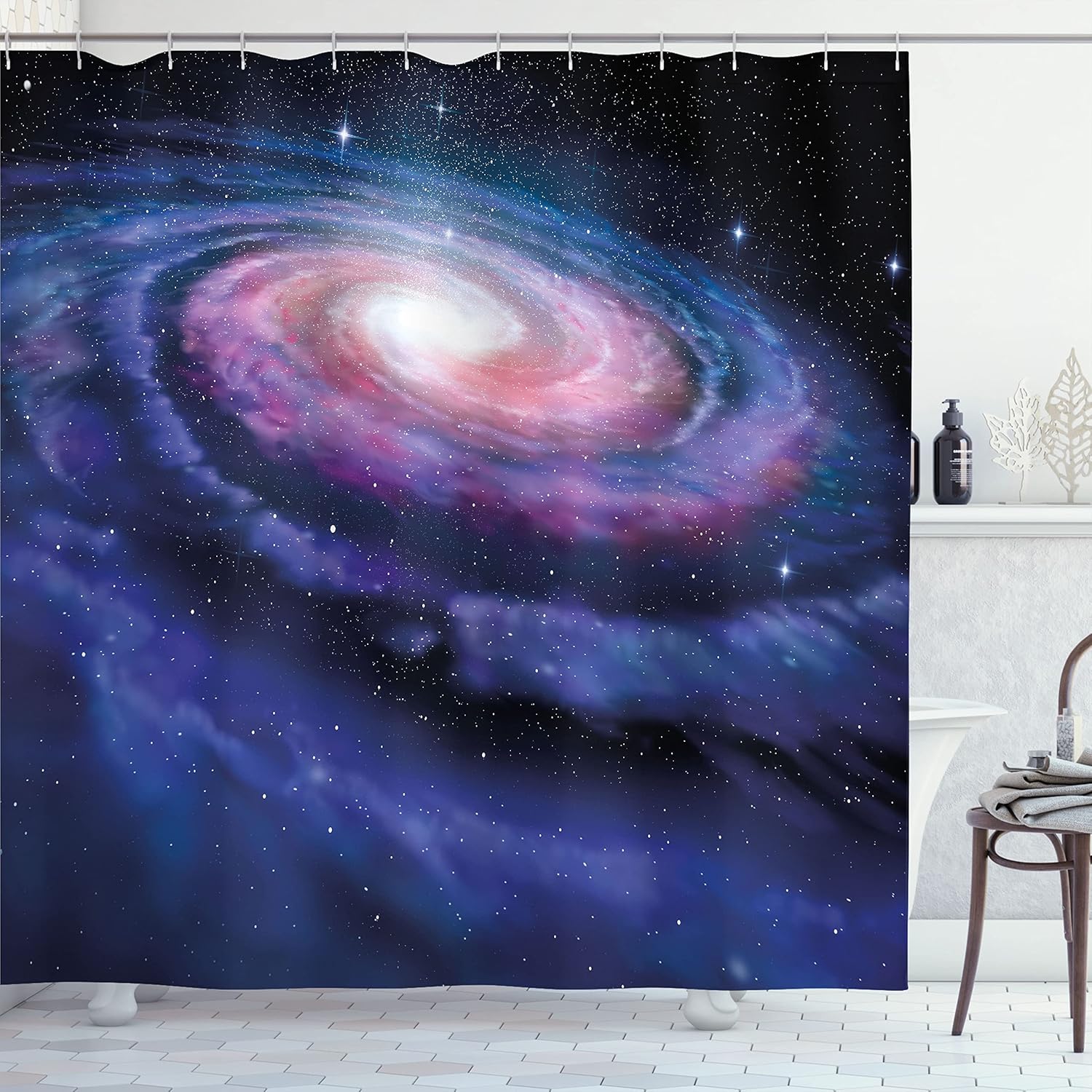 Ambesonne Modern Shower Curtain, A Spiral Galaxy Andromeda and Milky Way Cosmic Dust of Infinity Mystery Theme of an Artwork, Cloth Fabric Bathroom Decor Set with Hooks, 69" W x 70" L, Blue Purple