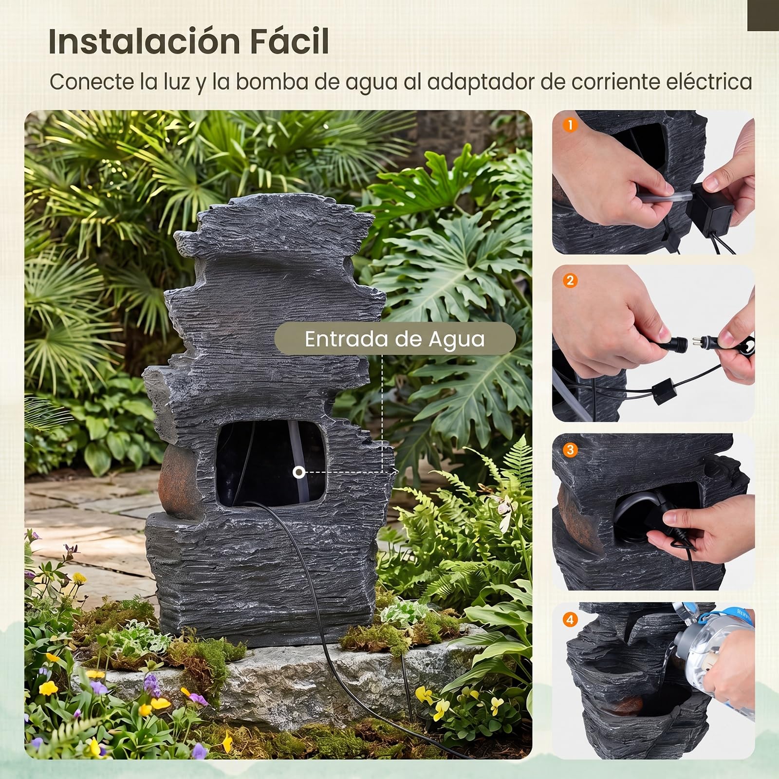 COSTWAY Fuente de Agua en Cascada 5 Niveles, Iluminación LED Bomba, 45,5 cm | Fuente Jardin Exterior, Decoración Independiente de Mesa o Suelo Salón Patio Terraza