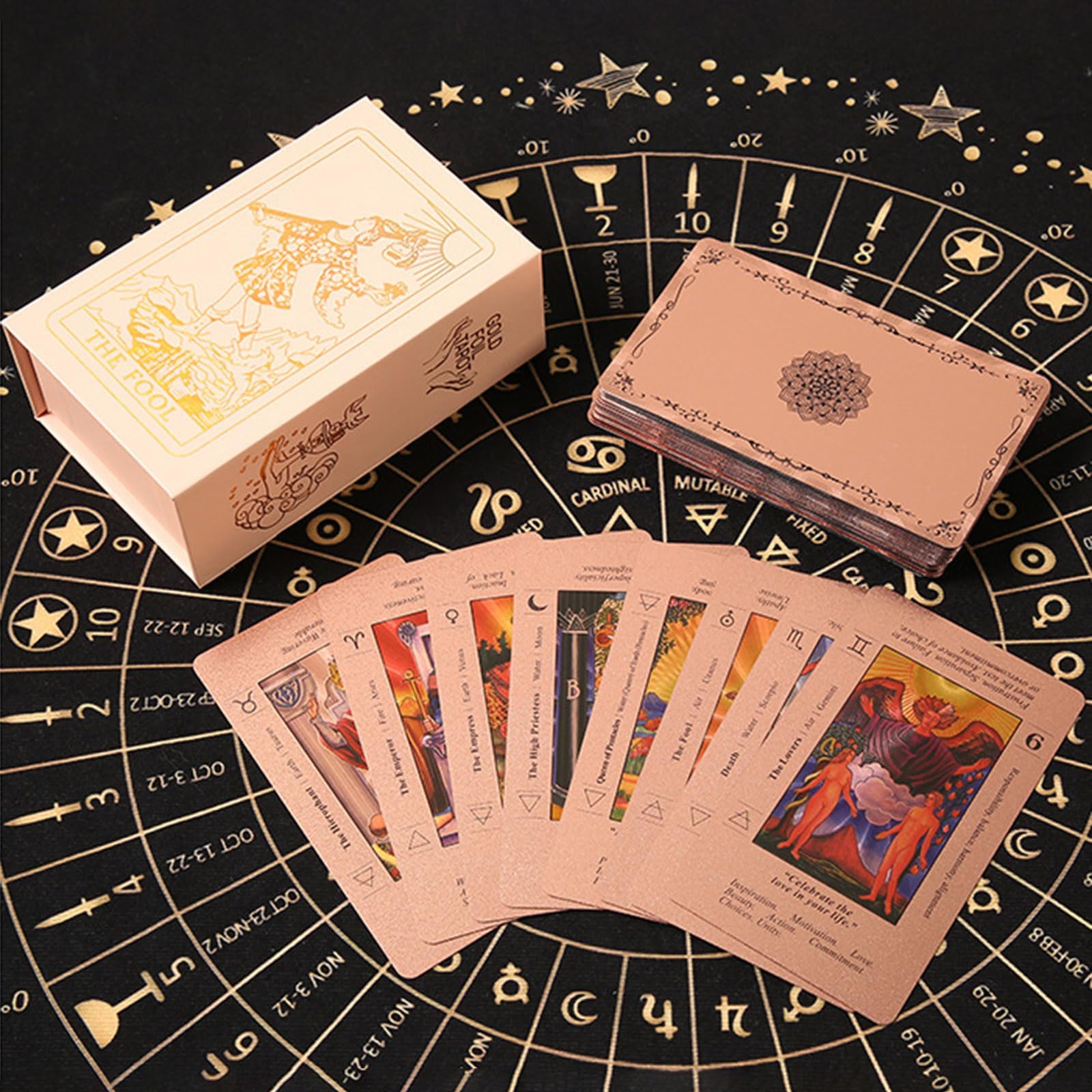 Tarot Cards for Beginners Rose Gold Tarot Cards, Witchy Cauldron Rose Gold Tarots Card with Guide Book, 78 Waterproof Wrinkle Resistant Foil Tarots Decks, Includes Chakras Planets (2Sets)