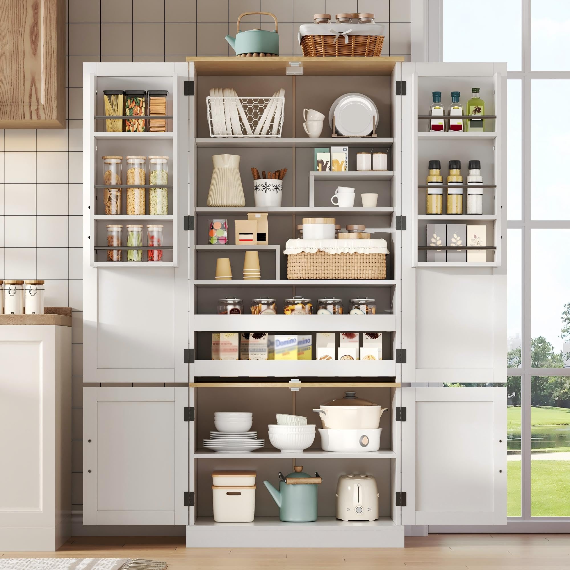 Merax Küchenschrank mit LED, Vorratsschrank mit 4-Türiger, 2 Schublade und Gewürzregal, Buffetschrank mit Höhenverstellbaren Einlegeböden, Küchenbuffet für Küche, 80×40×180cm, Weiß