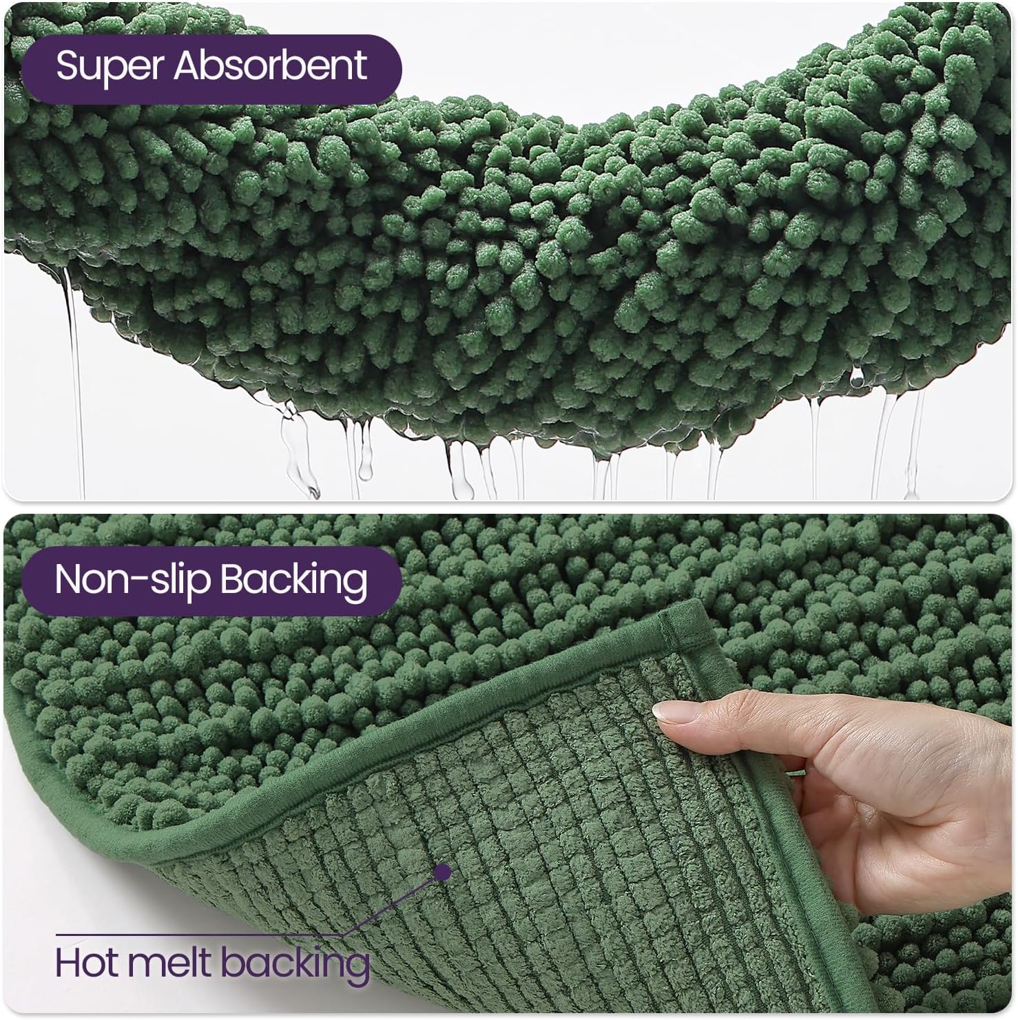 DEXI Bathroom Rugs 24x60, Super Soft Thick Chenille Absorbent Bath Mat, Non Slip Machine Washable Fluffy Shag Bathmat for Tub, Shower Floor, Dark Green