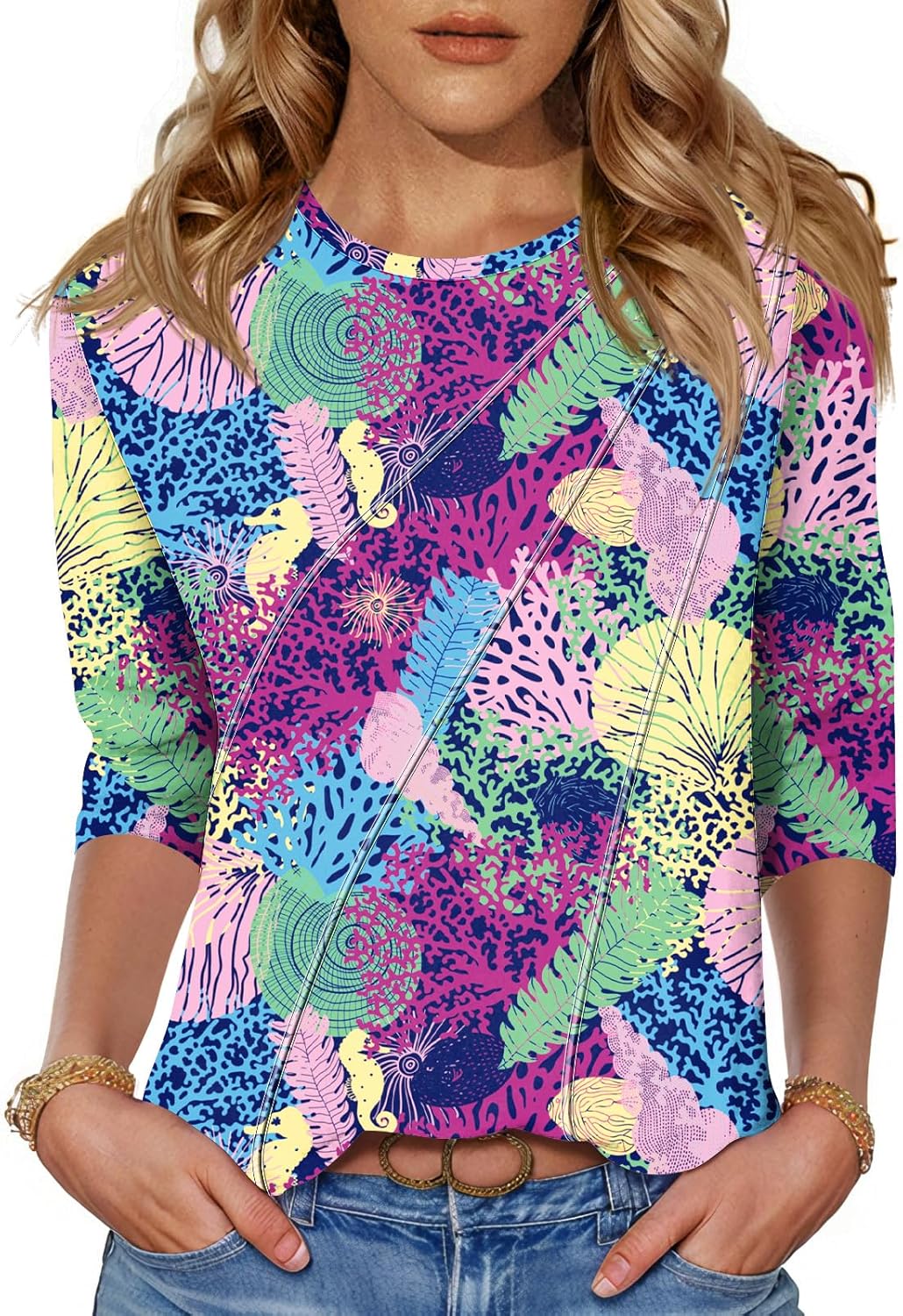 LOMON 3/4 Length Sleeve Womens Tops Spring Summer Fashion 2026 Tops Crew Neck Pleated Shirts Tunic Top Loose Fit