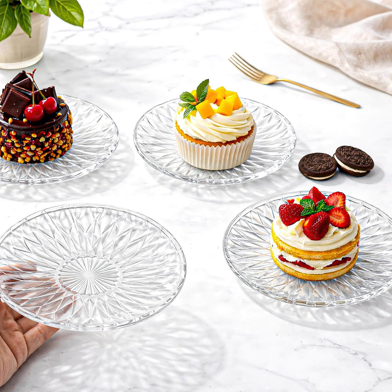 MALLOOM Lot de 12 assiettes à salade en verre cristal, assiettes à dessert rondes transparentes de 20 cm, assiettes de service pour restaurant, fêtes, fruits et collations