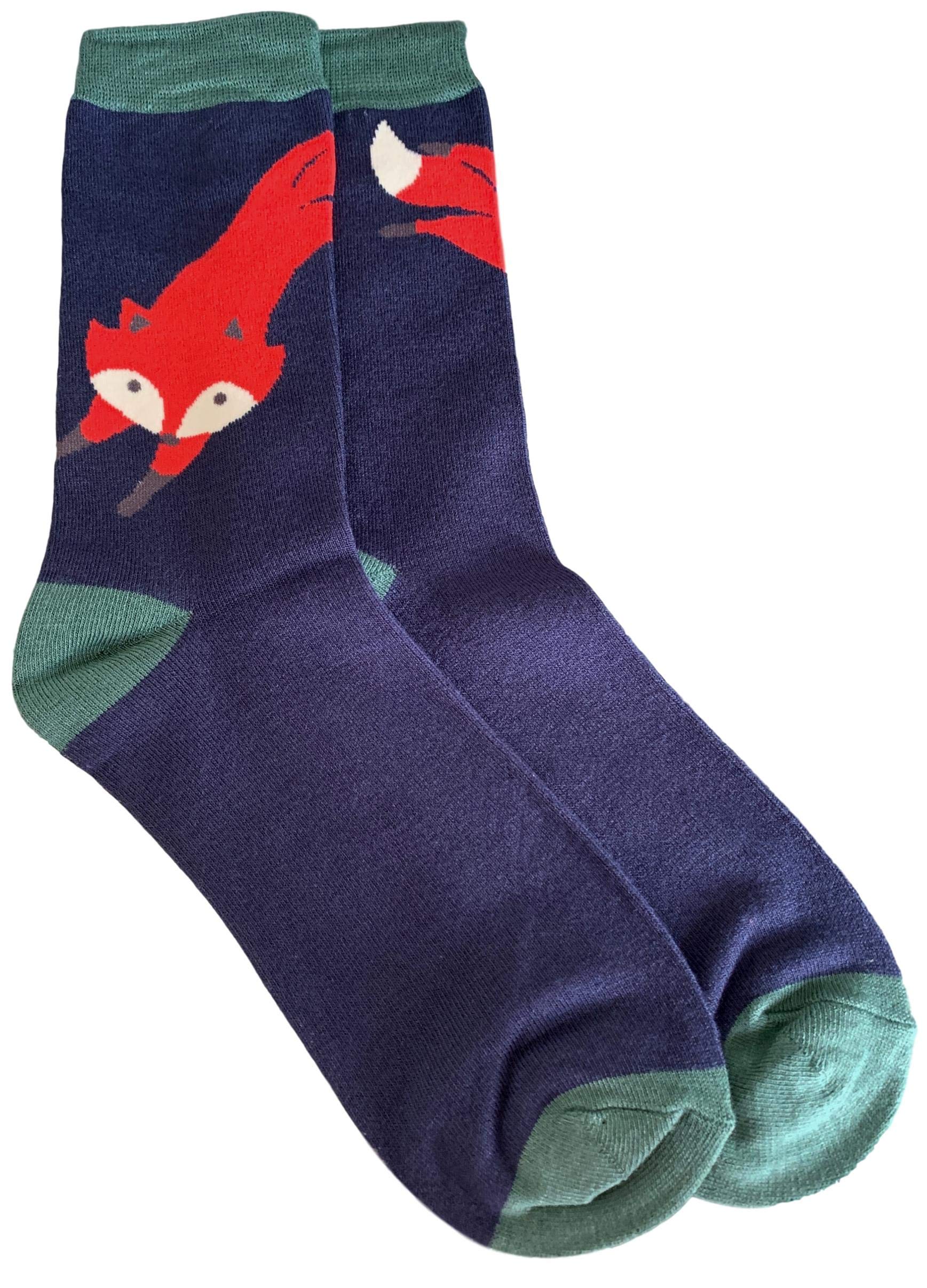 Purple Possum® Mens Socks Novelty Fox Foxes Fun Navy Blue Bamboo Cotton Blend UK Shoe Size 8-12 Gift Idea