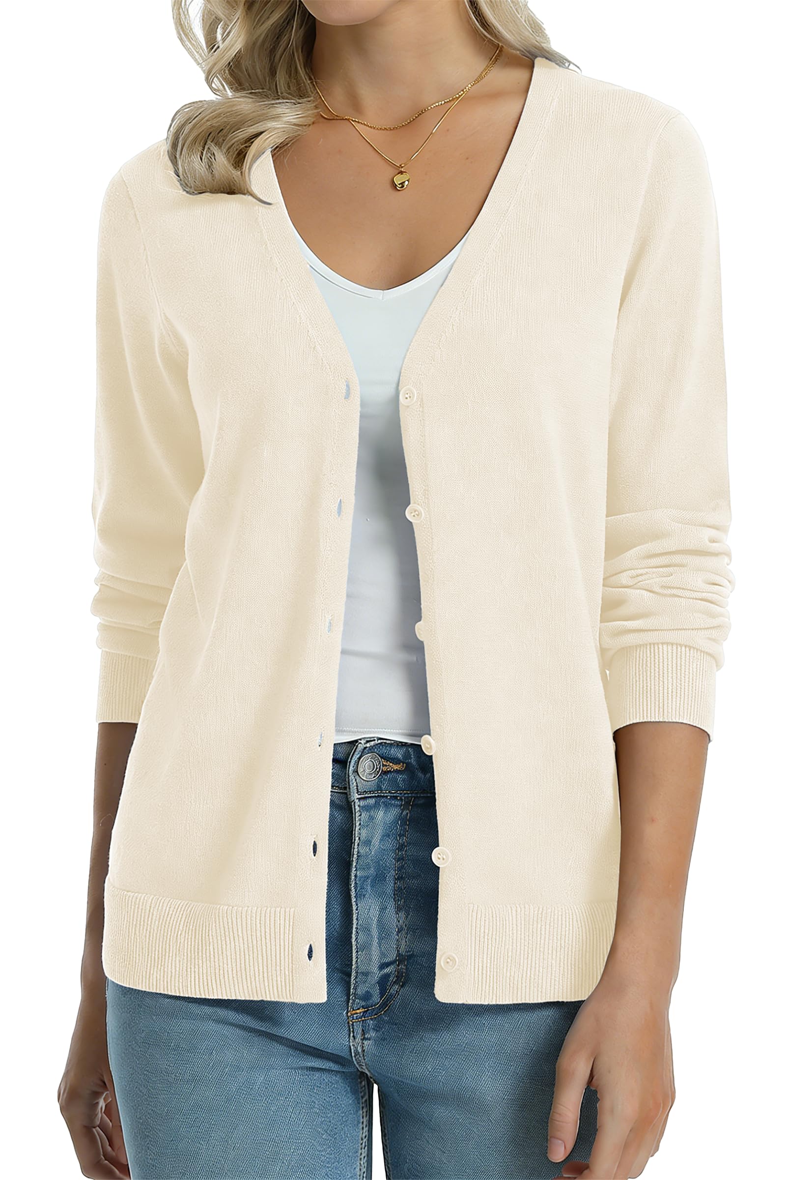 QUALFORT Women's 100% Cotton Lightweight Cardigans Long Sleeve Sweater