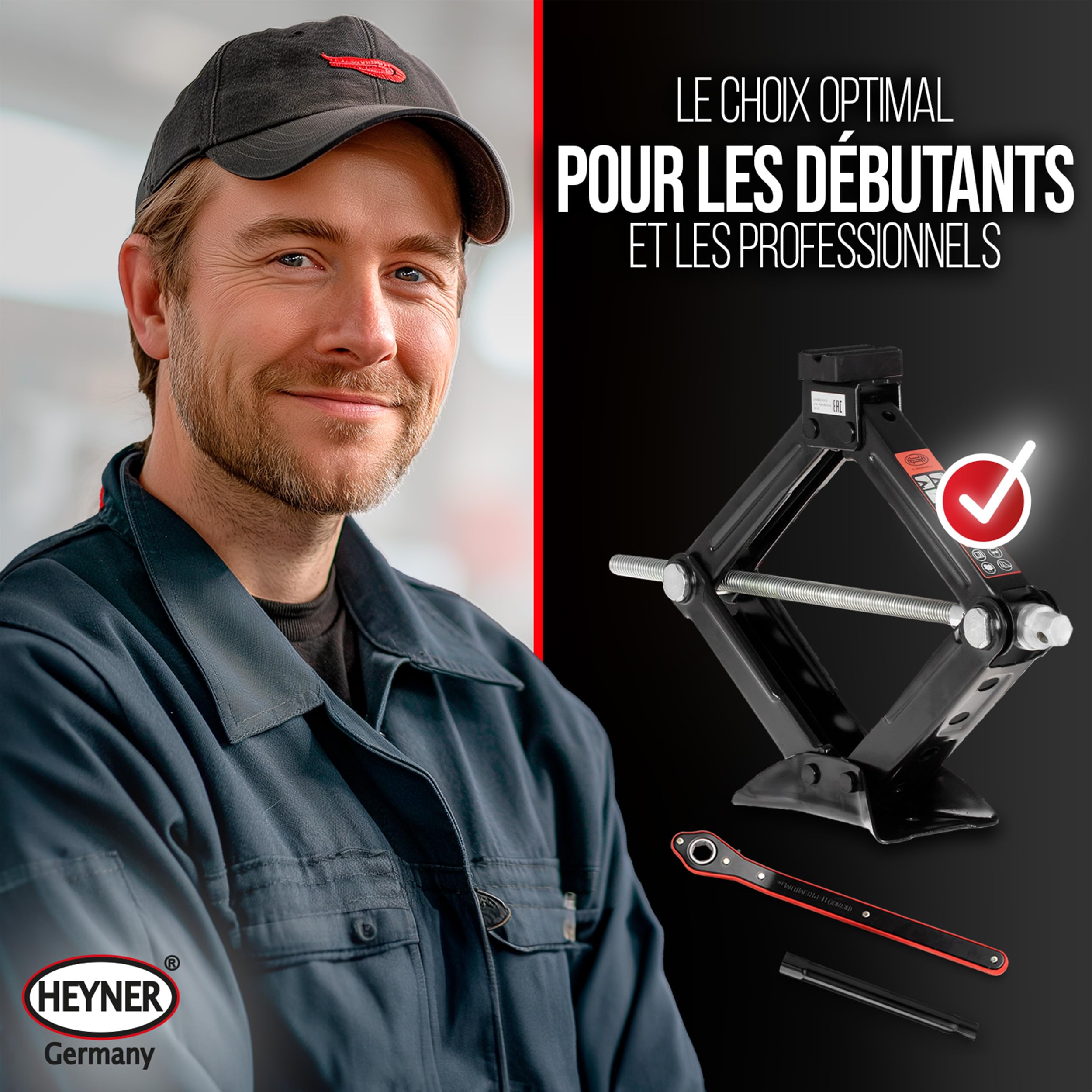 HEYNER® Cric à Ciseaux 2 t pour VW ID.3 Gen 1 (2019, FL 2023) - Patin en Caoutchouc à 360° avec âme métallique de 4 mm, Course 98-442 mm, cliquet et manivelle de 17 mm, rallonge Comfort, Acier Q235