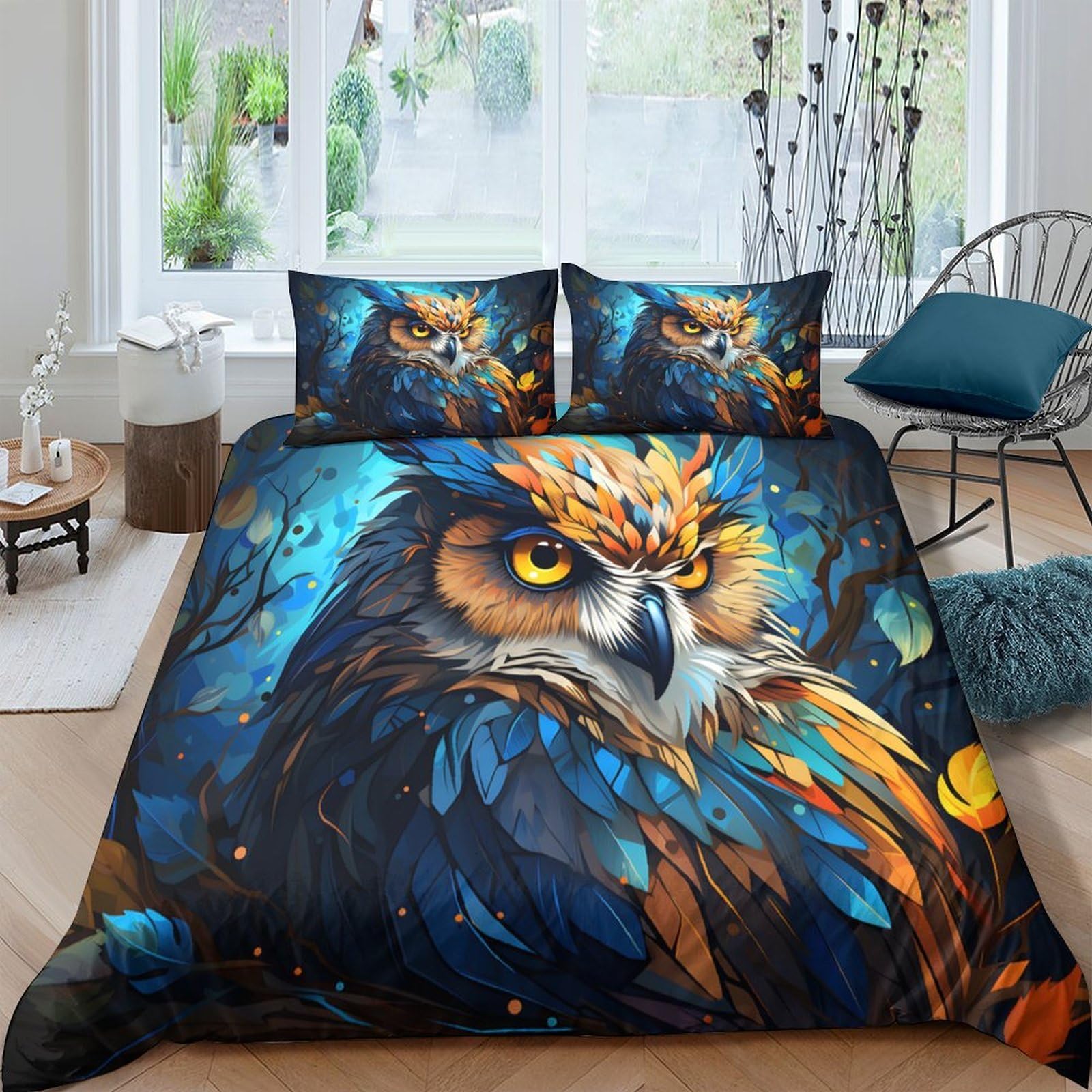 Ctjqhvkz Style-1 3D Printed Owl Art Fitted Sheet Microfiber Soft Breathable Forest Night Mattress Cover Bedroom Decor Single（135X200cm）