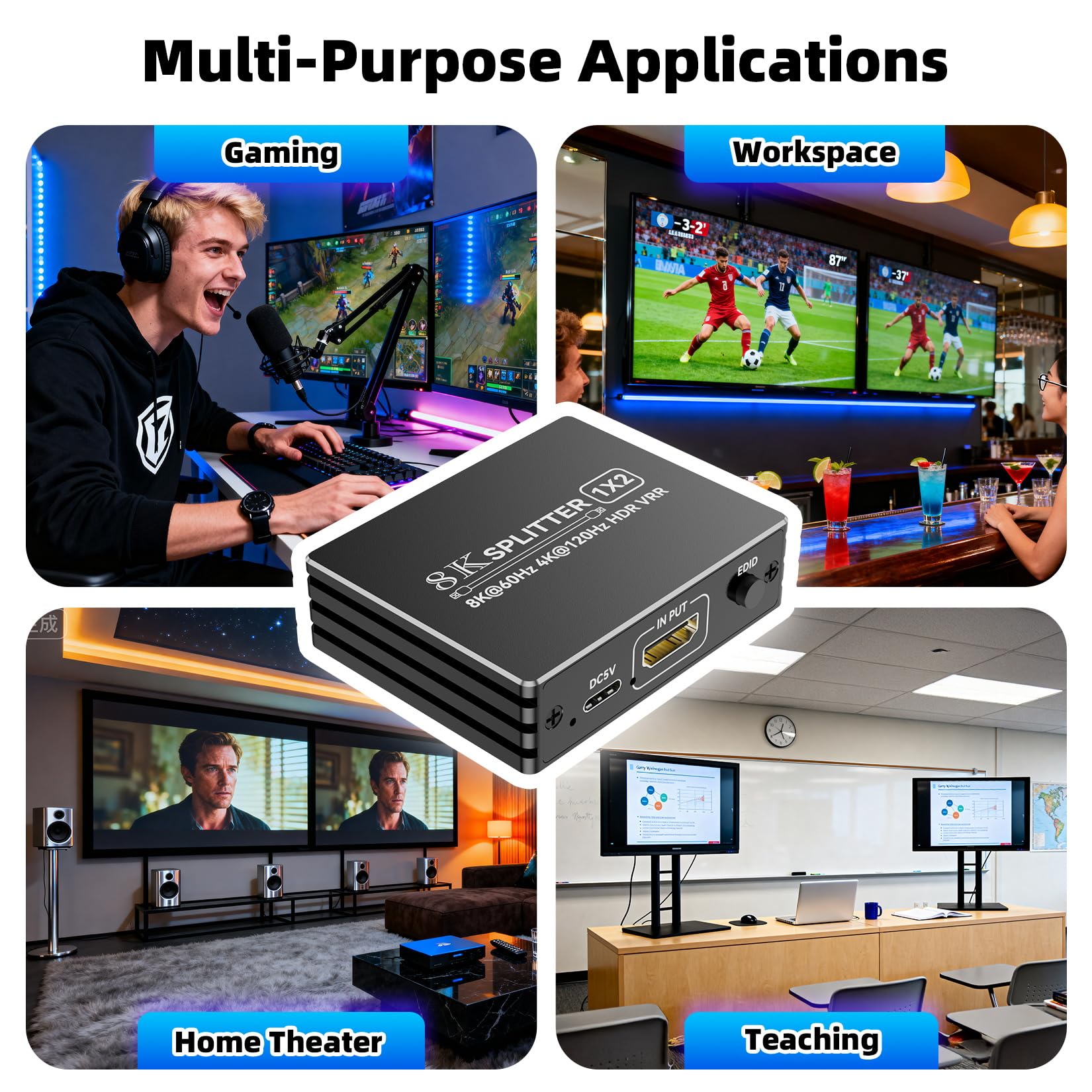 Splitter HDMI 2.1 1 in 2 Out 4K 120Hz 8K 60Hz con audio, BolAAzuL 1x2 HDMI Distributore 1 su 2 monitor duplicati contemporaneamente, Powered, Plug & Play, latenza zera, HDCP 2.3 HDR per PS5/Xbox/PC/TV