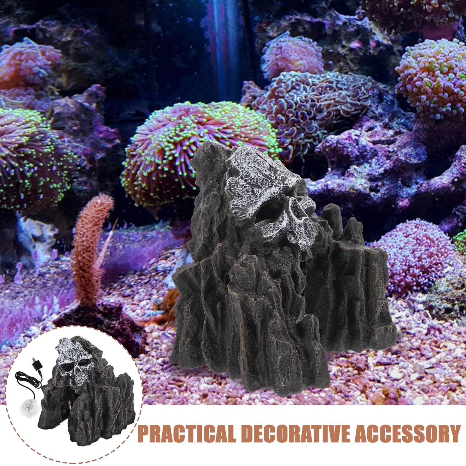 Figurine Crâne Décorative, Grotte Noire en Résine pour Aquarium Halloween | Abri pour Aquarium, Pierres Artificielles pour Aquarium, pour Crevette Aquarium, Lampe Incluse