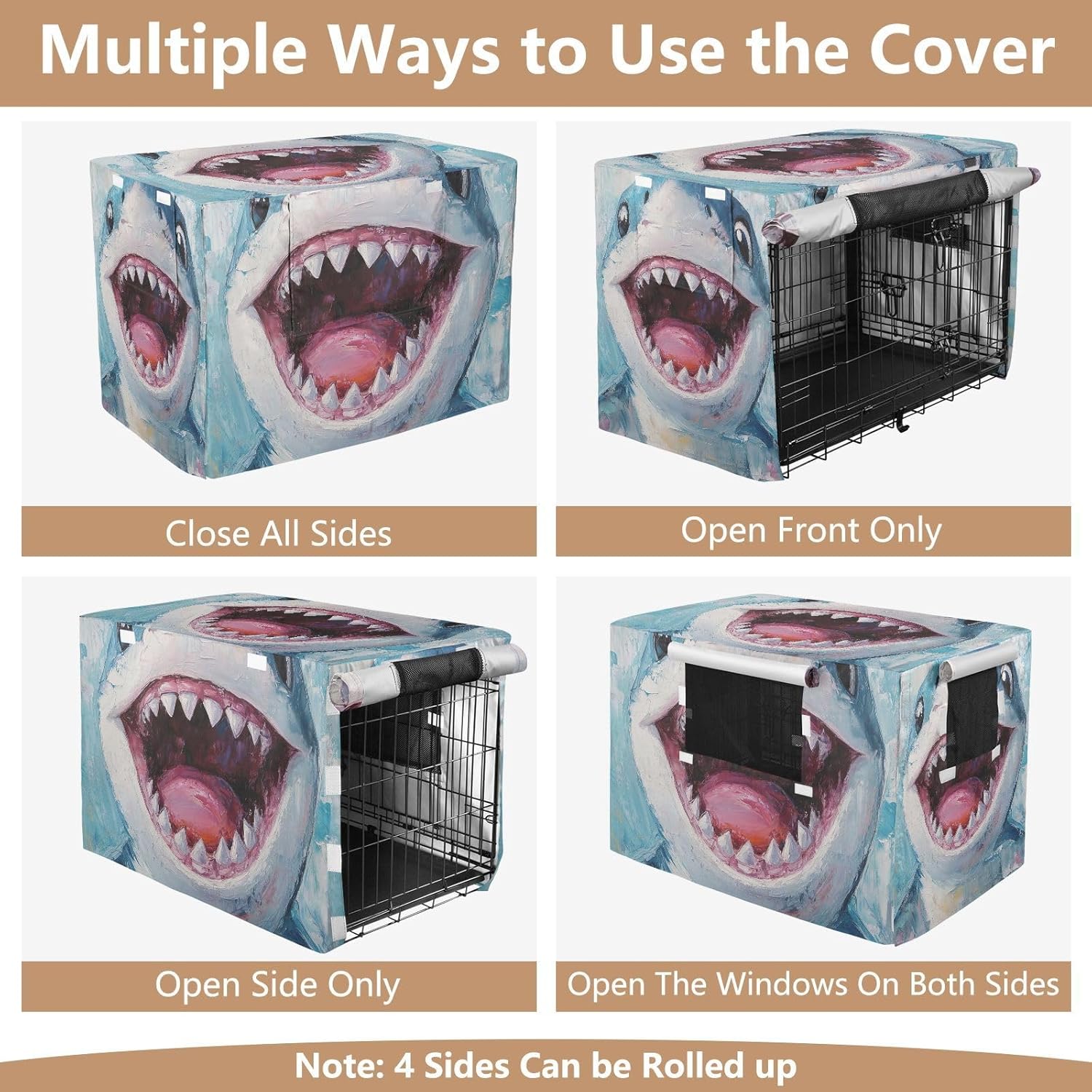 Cute Cartoon Sharks Pet Cage Cover with Openings, Water-Resistant Pet Crate Cover, Large