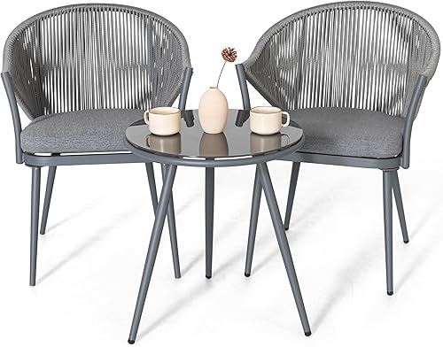NUU GARDEN Juego de 2 mesas y sillas de bistró, juego de patio de conversación de cuerda tejida, juego de aluminio para todo tipo de clima, juego de