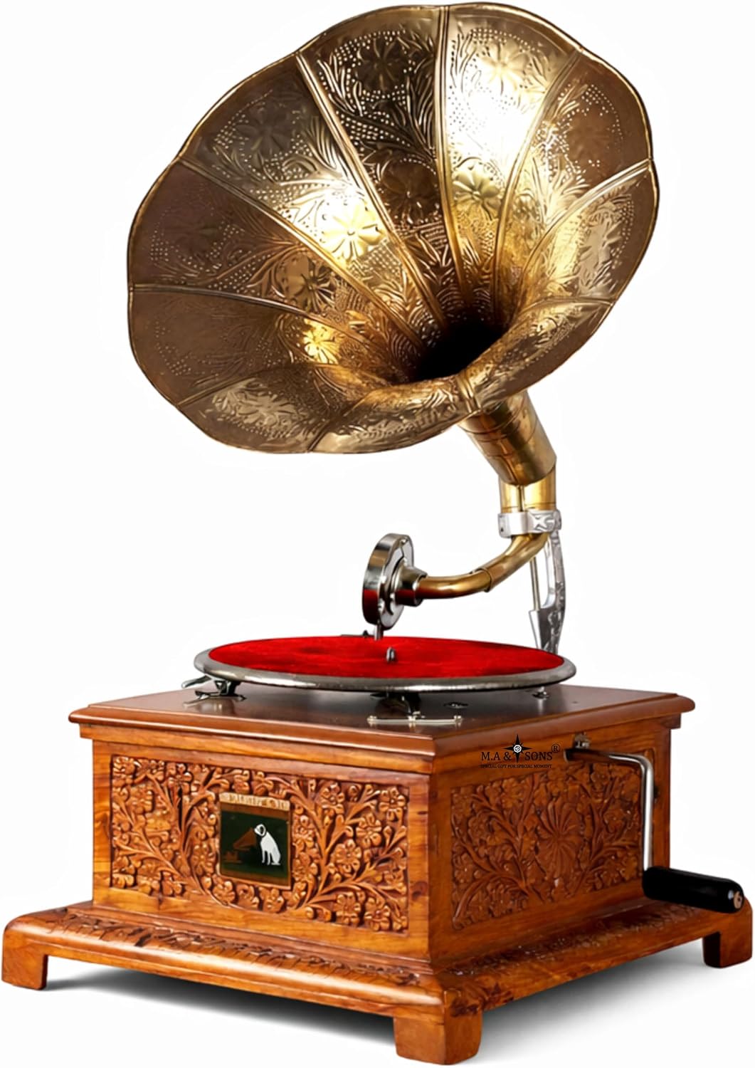 M.A & SONS Vintage Style Hand-Crank Gramophone, Working Decorative Collectible with Brass Horn & Sheesham Wood Base, Plays 78 RPM Shellac Records, No Electricity Required