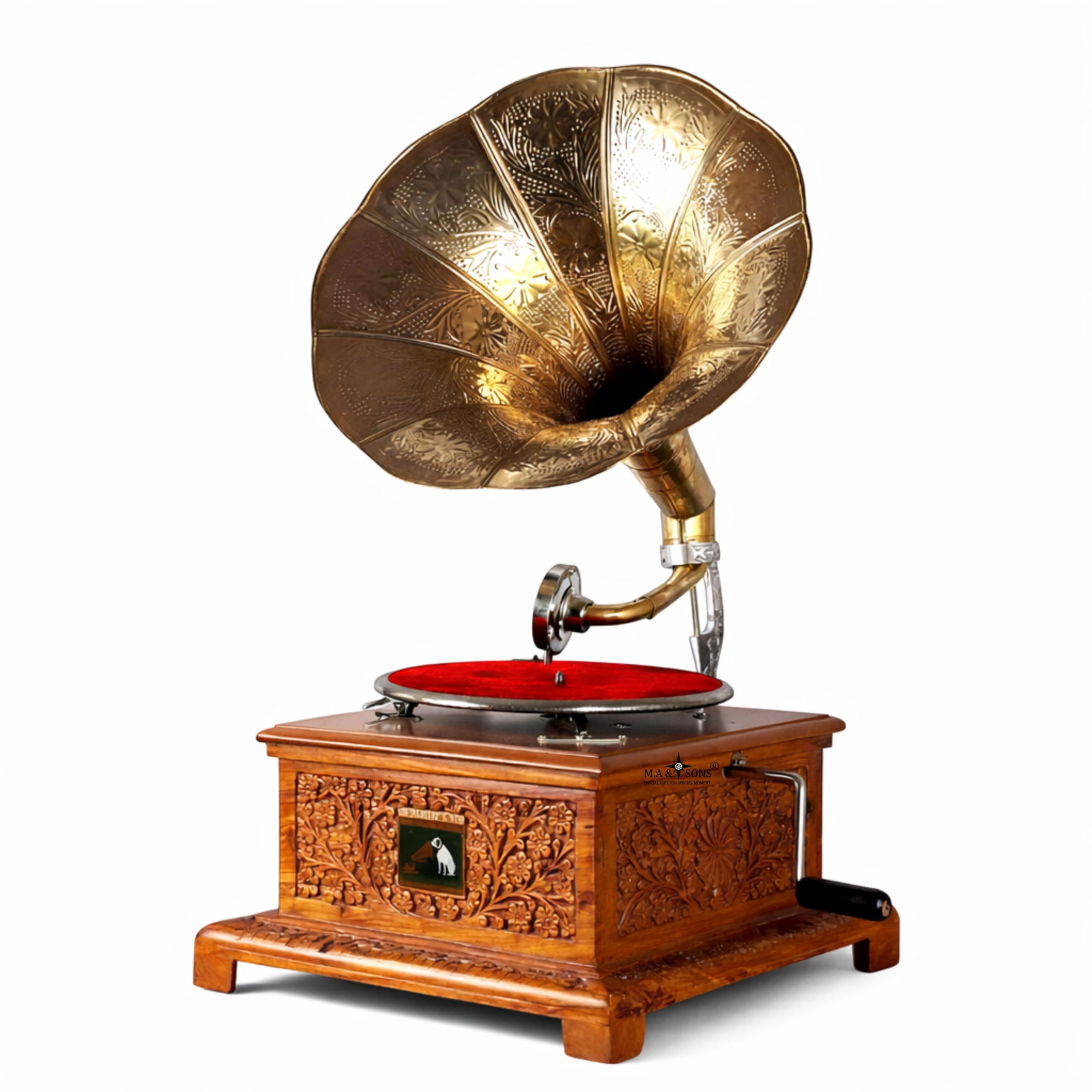 M.A & SONS Vintage Style Hand-Crank Gramophone with Brass Horn & Sheesham Wood Base, Working Decorative Collectible, Includes 2 Old Hindi Records & 10 Extra Needles, 15 x 15 x 24 Inches-image-30