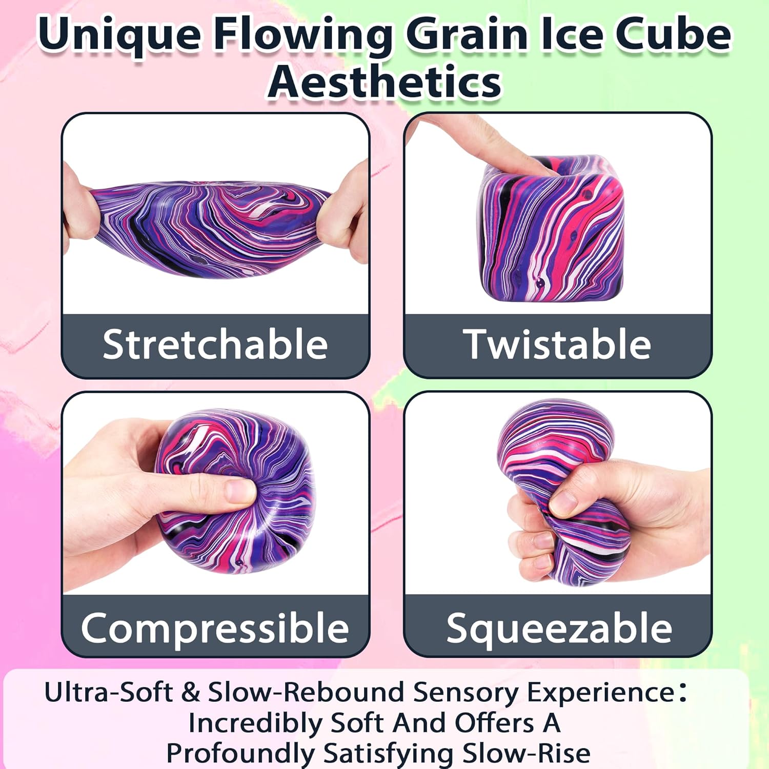 Large Veined Ice Cube Squishy Toy, 7cm (2.76 Inch) Big Stress Cube, Soft Sensory Fidget Toy for Anxiety Relief and Focus for Youth Adults, Squishy Ball (Pink)