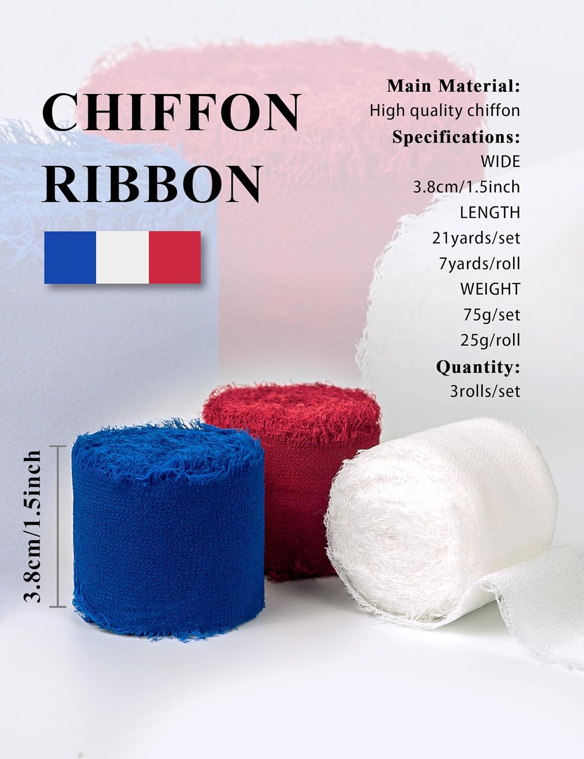Chiffon Ribbon, Red White and Blue Patriotic Ribbons, 1.5''x21Yd Handmade Frayed Fringe Silk Ribbon for 4th of July Independence Day, Gift Wrapping, Floral Vase, Crafts, Party Decor, 3 Rolls