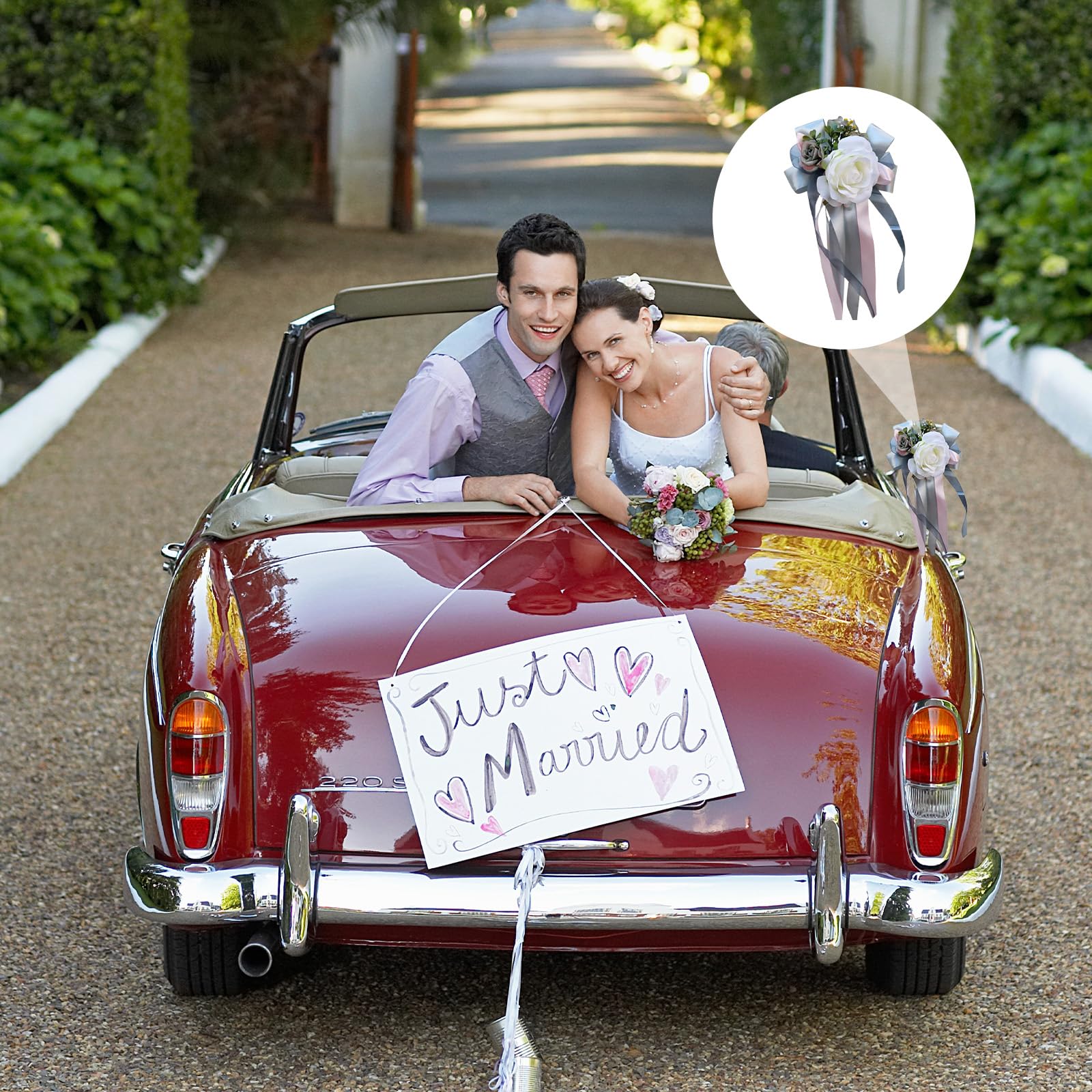 Ziyero 4 Pieces Wedding Car Flower Decoration Ribbons And Bows, White Rose Flower Wedding Car Decoration - Image 3