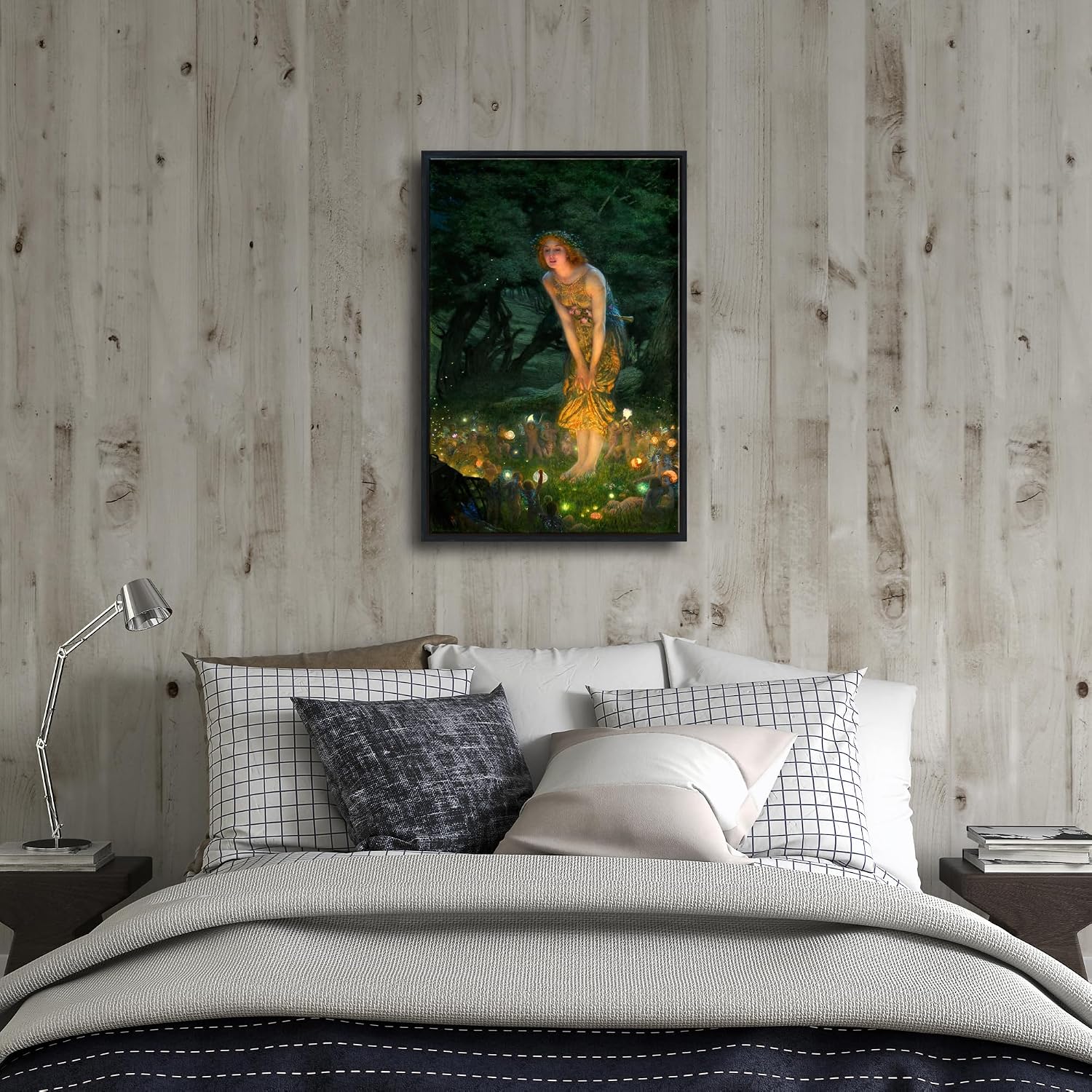 Wieco Art Framed Canvas Print Wall Art Fairy Tale Midsummer Eve with A Girl and Elves by Edward Robert Hughe Neoclassical Art Nouveau Picture for Living Room Home Decorations