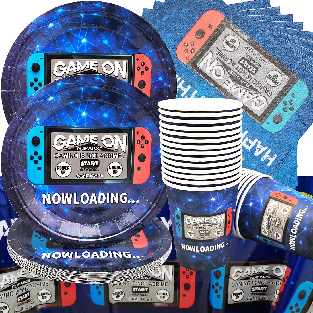 Doyomtoy 61 stuks videospel-feestservies, set voor 20 gasten, speelliefhebbers, verjaardagsborden, kopjes, servetten, tafelkleed, videospel, verjaardagsfeestje, accessoires