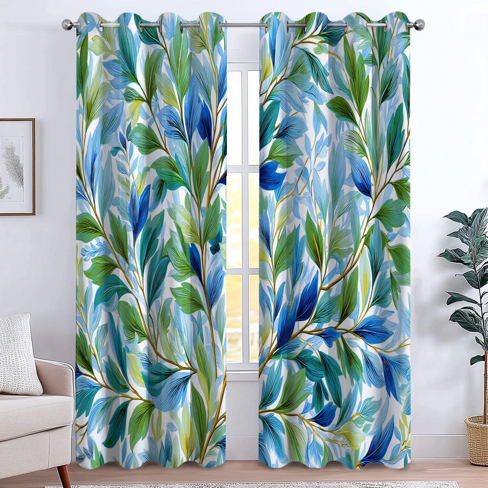 Générique Rideaux Occultants Enfant Rétro Moderne 110 x 215 cm (L x H), Isolation Phonique à Œillets Feuille Saule Imprimé, pour Chambre Garçon (2 Panneaux) Bleu
