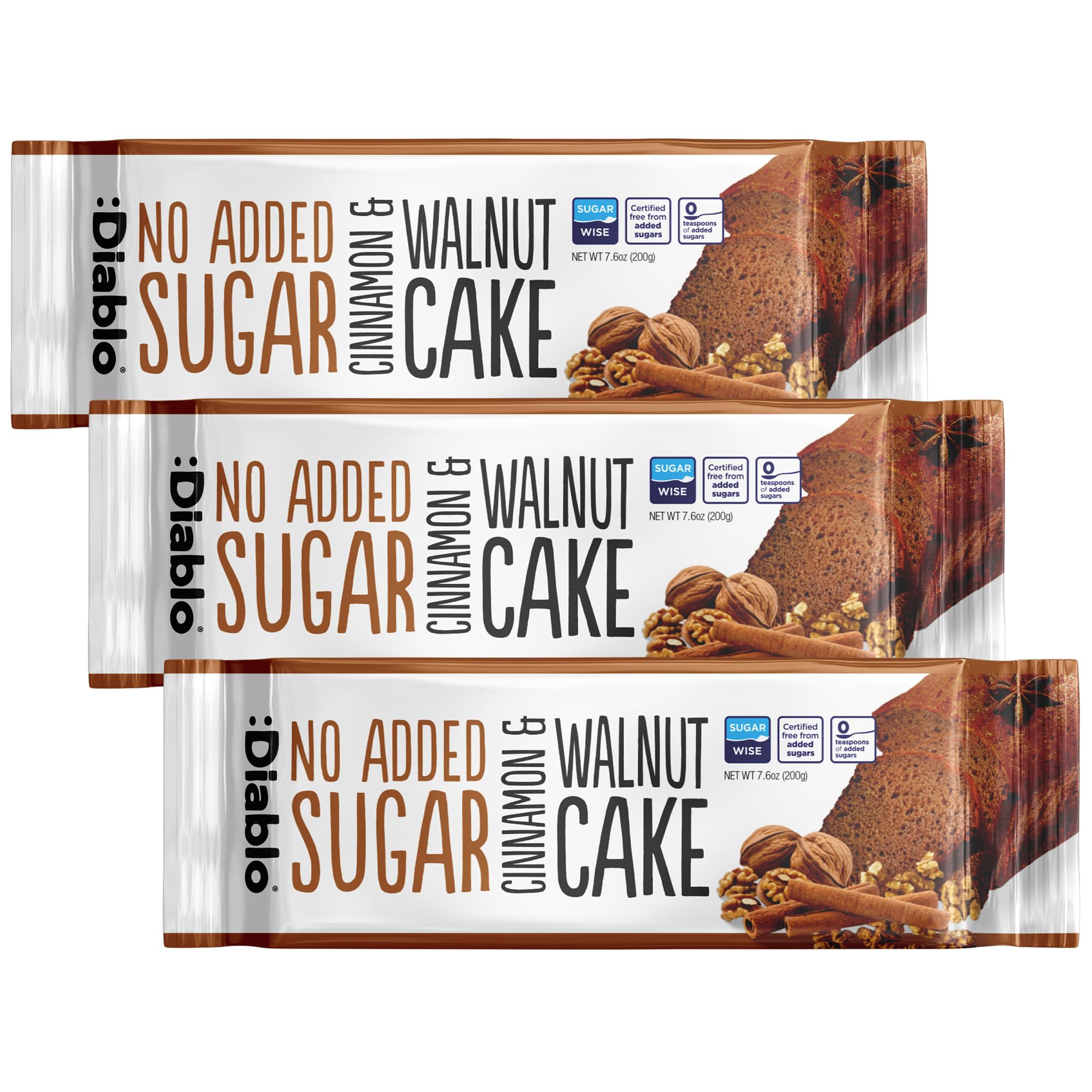 Diablo No Added Sugar Cinnamon & Walnut Cake – Healthy Snacks Sweet Treat, Cakes and Desserts for All, Ideal for Snack Time, Tea & Party Treat, Halal & Kosher Approved – 200g (Pack of 3)