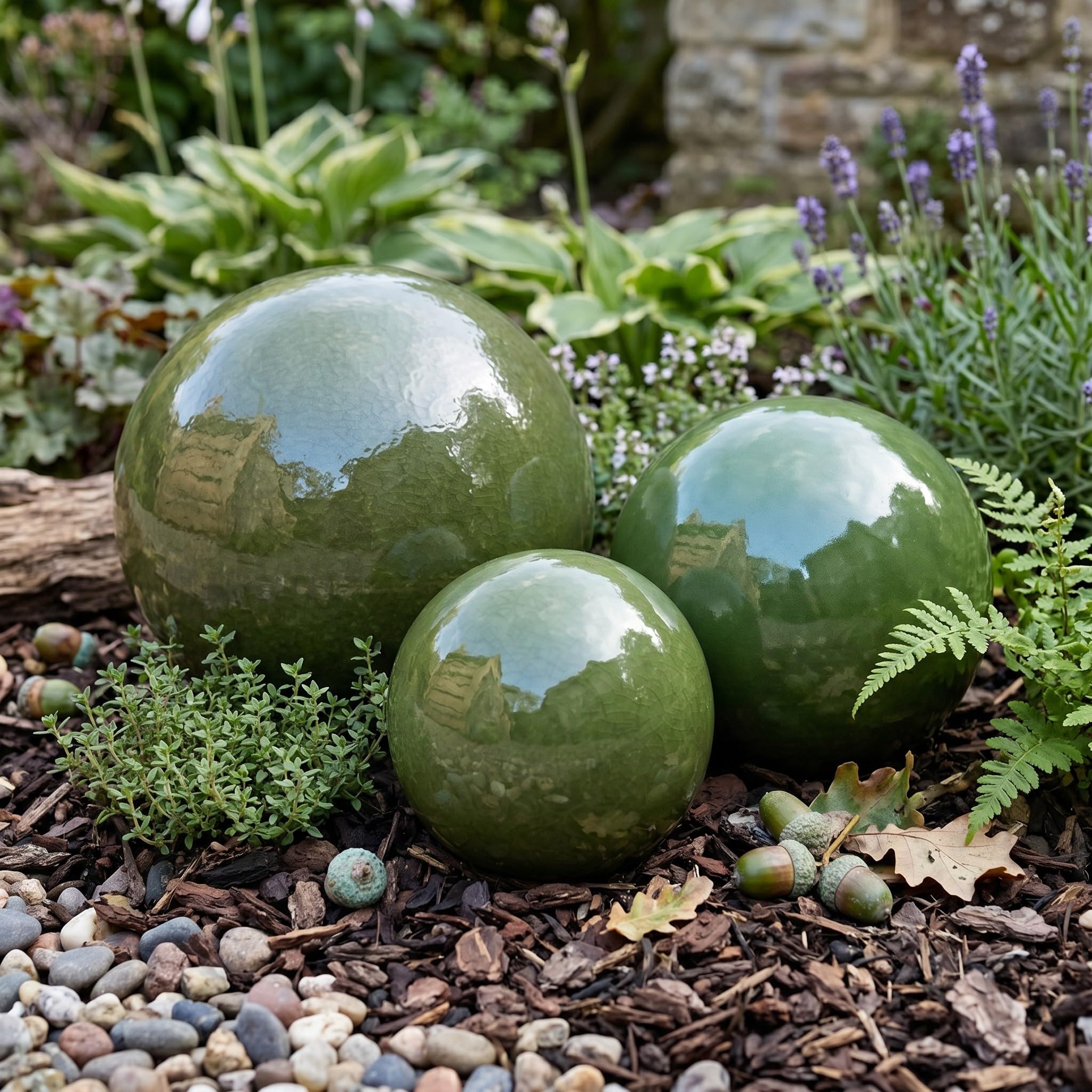 Teramico Bola decorativa de jardín esmaltada, azul, verde, antracita, turquesa, aguamarina, muy alta calidad, resistente a las heladas y a la intemperie (verde oliva, juego de 3 unidades de 12 cm, 16