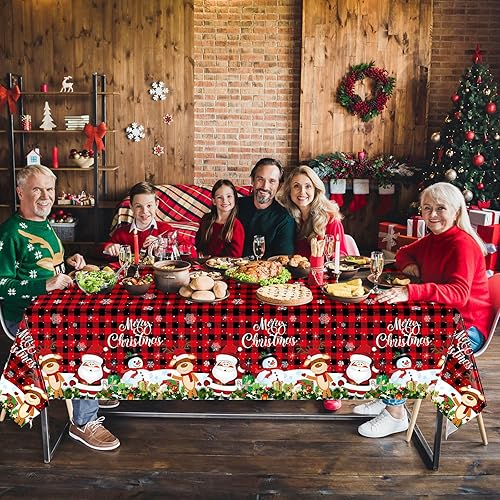 Miniatura 6 de Tiamon Paquete de 3 manteles de plástico de Navidad para mesa rectangular, lavable, muñeco de nieve y Papá Noel, decoraciones para Navidad,
