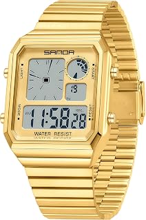 Men's Retro Square Digital Watch Textured Metal Band