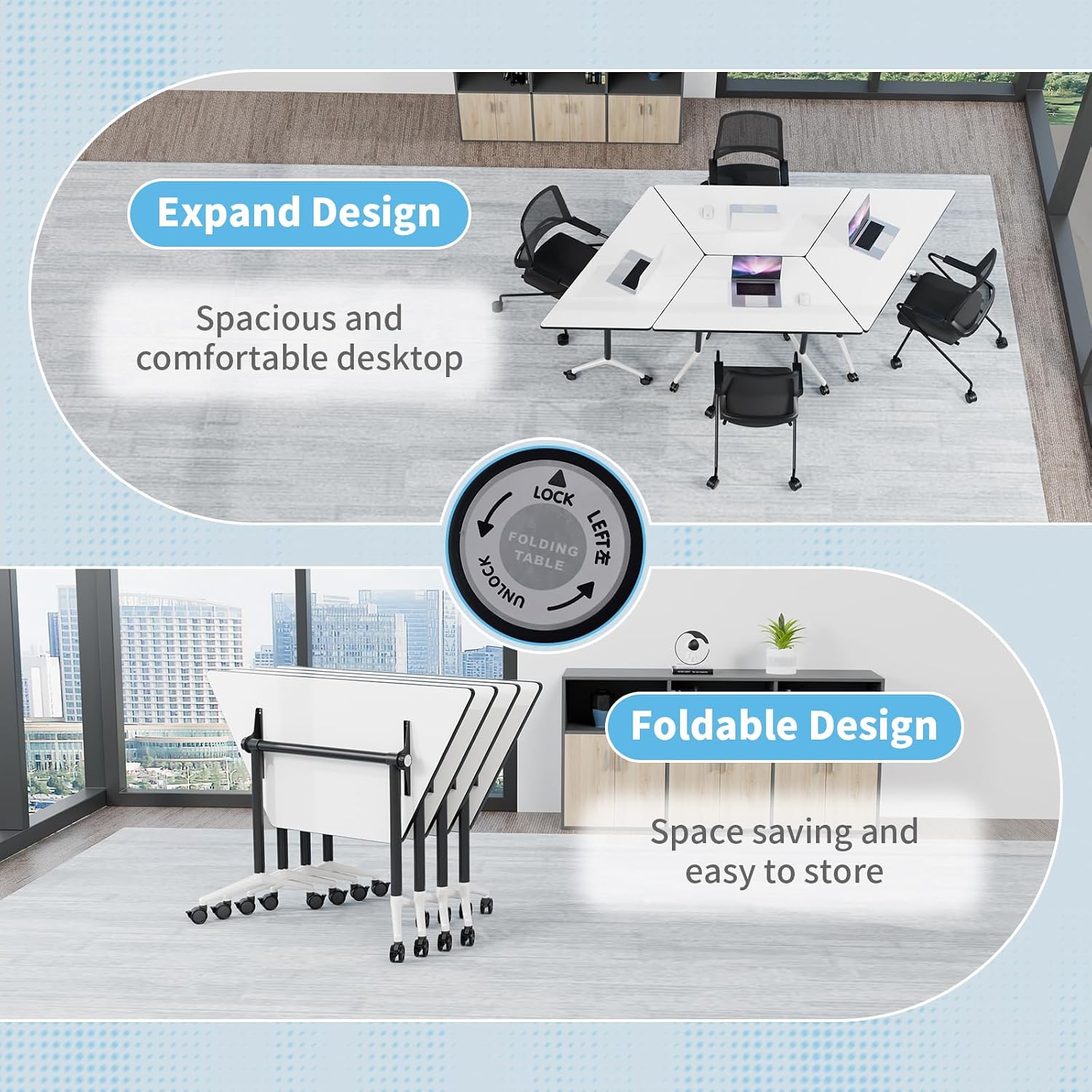 Modular Folding Conference Table with Wheels for 6-8 Person, Modern Mobile Trapezoidal Flip-Top Conference Room Tables, Space Saving Heavy Duty Seminar Training Table for Office (4PCS)