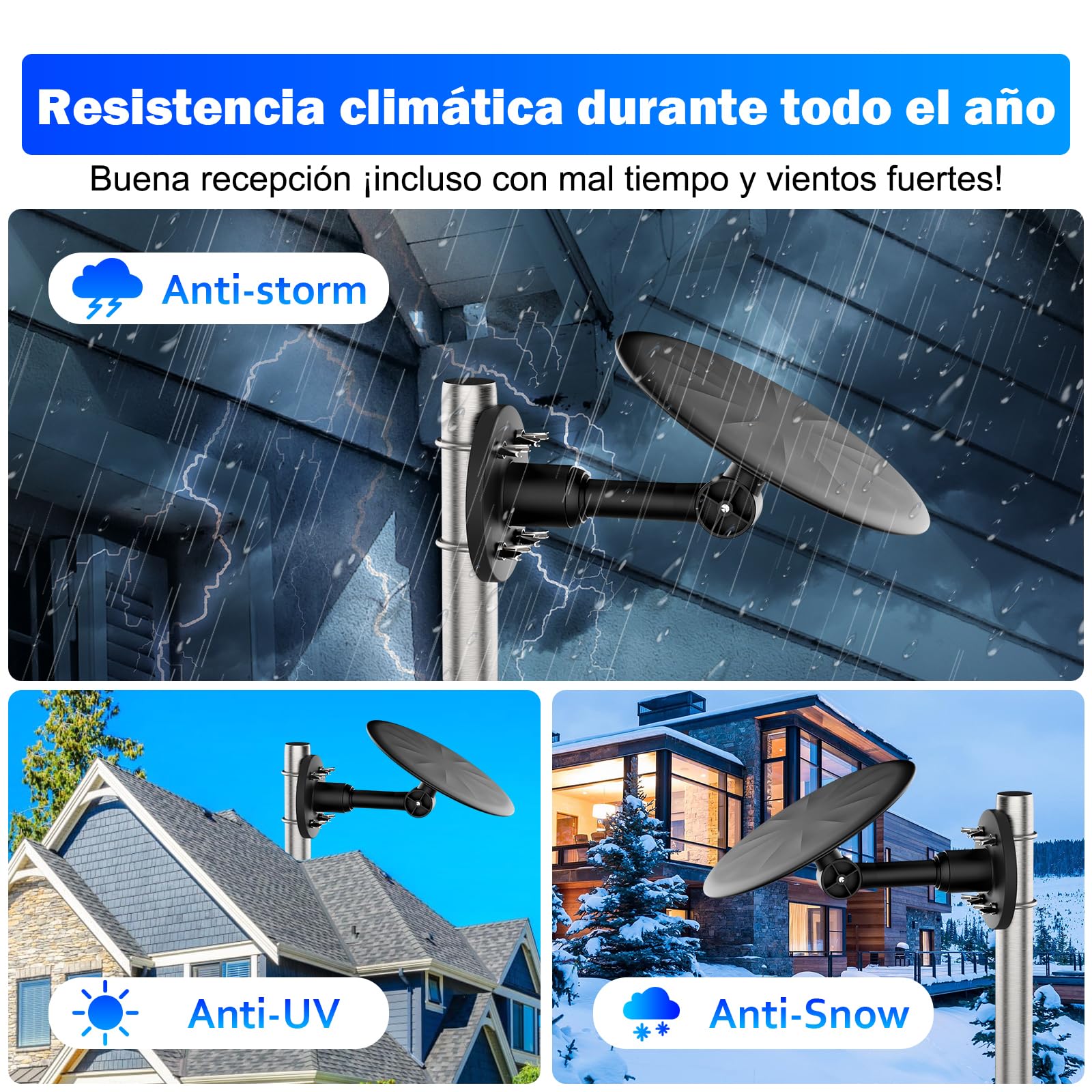 Antena TV Exterior para Smart TV – Antena TDT Digital HD 4K/1080P de Largo Alcance, Recepción Estable UHF/VHF, Compatible DVB-T2/DVB-T, Cable Coaxial 10 m, Resistente a la Intemperie