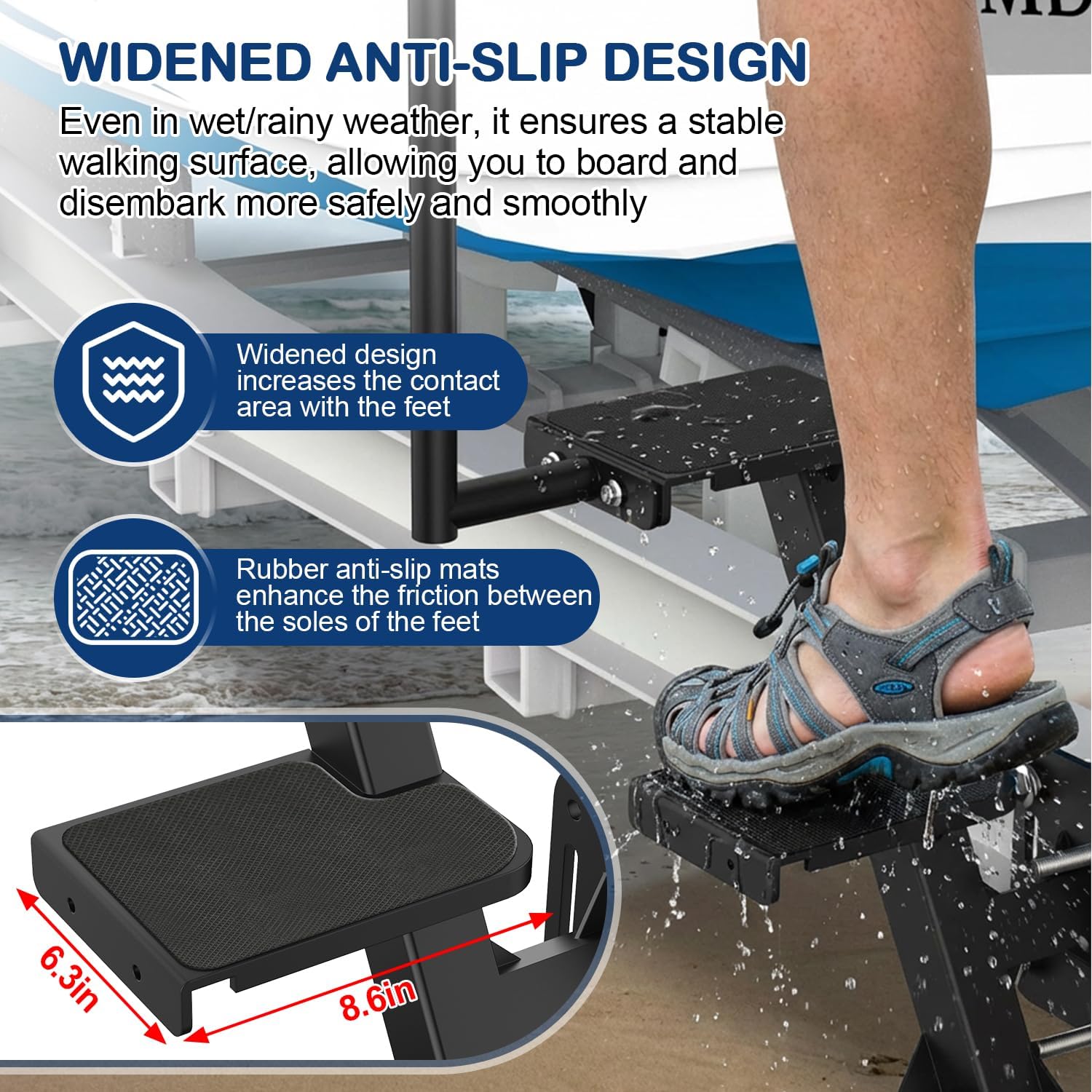 Boat Trailer Steps with Non-Slip Handrail, 3-Step Heavy-Duty Boat Trailer Steps for the Tongue, Hold Up to 450lbs, Adjustable Universal Side Mount for Bass, Pontoon Boats