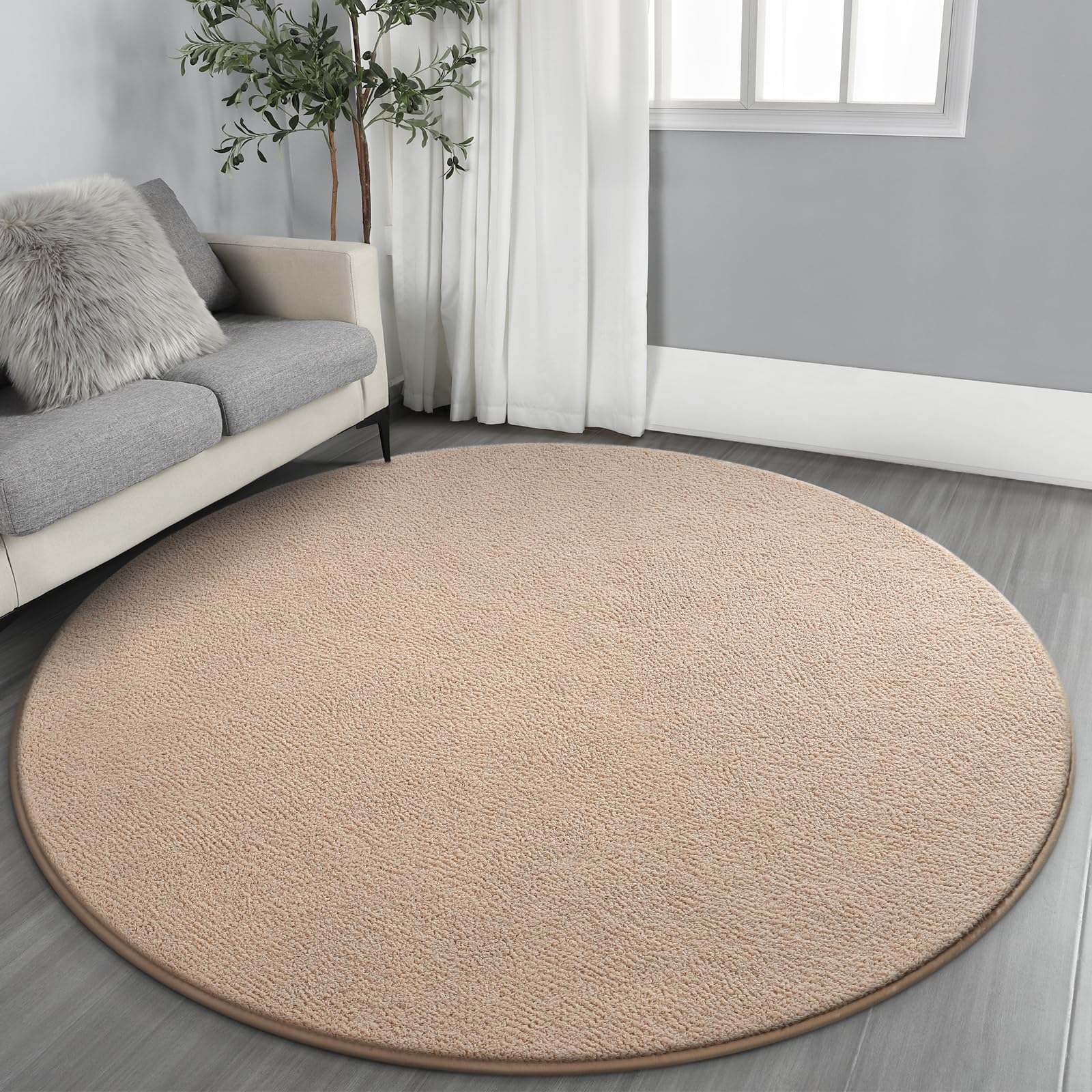 Gifeas Ultra Soft Round Area Rugs for Living Room Bedroom, 4x4 Feet Beige Thickened Memory Foam Modern Indoor Circle Carpets, Non-Slip Comfy Circular