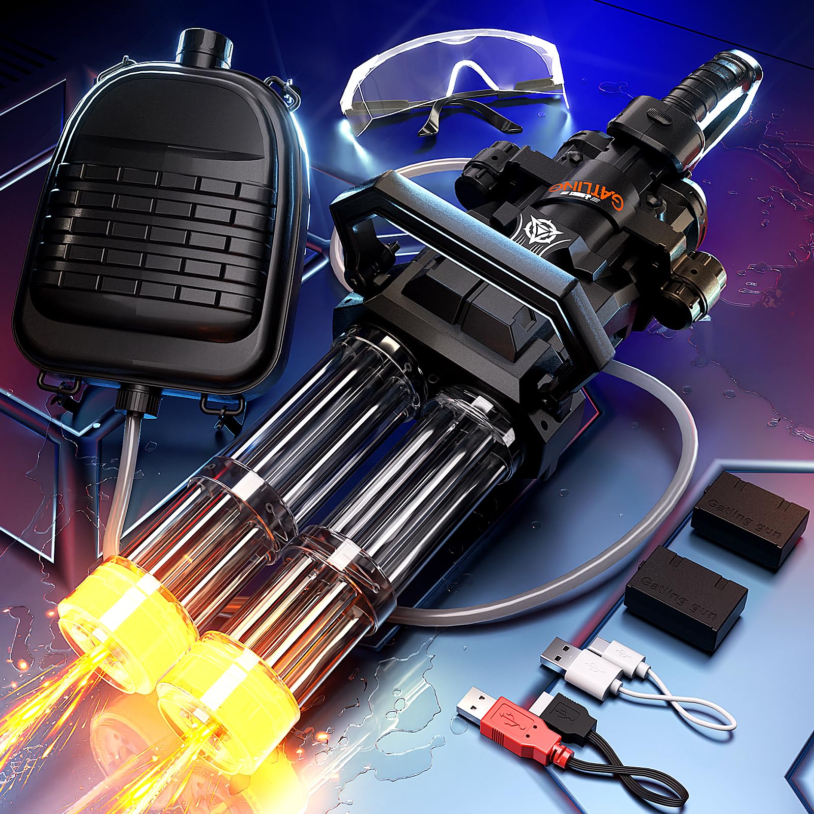 Gatling Electric Water Gun for Adults, New Double Barrel Squirt Gun with Rotating and LED Light, Long Range Automatic Water Guns with Backpack, Two Batteries, Outdoor Toys for Kids Ages 8-12