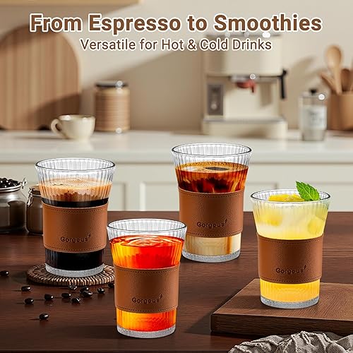 Miniatura 2 de Juego de 8 tazas de café de vidrio de 8 onzas con cuero, a rayas verticales, tazas de café de vidrio transparente, tazas de té para bebidas