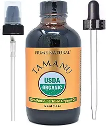 Prime Natural Óleo de tamanu orgânico - Certificado USDA, 100% puro, prensado a frio, não refinado, virgem (120 ml) para rosto, cabelo e pele - Hidratante natural