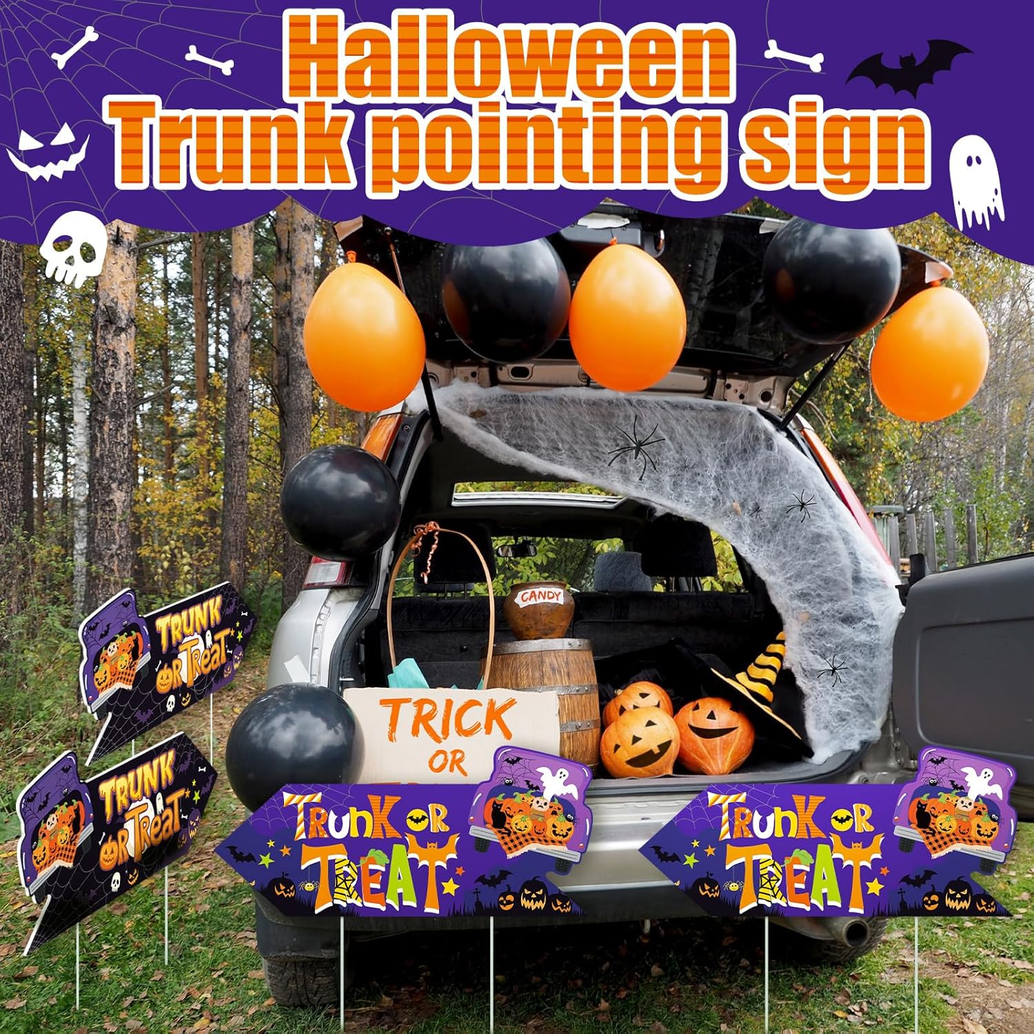 CroBlissful 8 Pack Happy Halloween Trunk or Treat Yard Signs with Stakes This Way Yard Sign Arrow 17" x 6" Double Sided Halloween Car Parade Party Lawn Sign for Halloween Party Outdoor Decorations