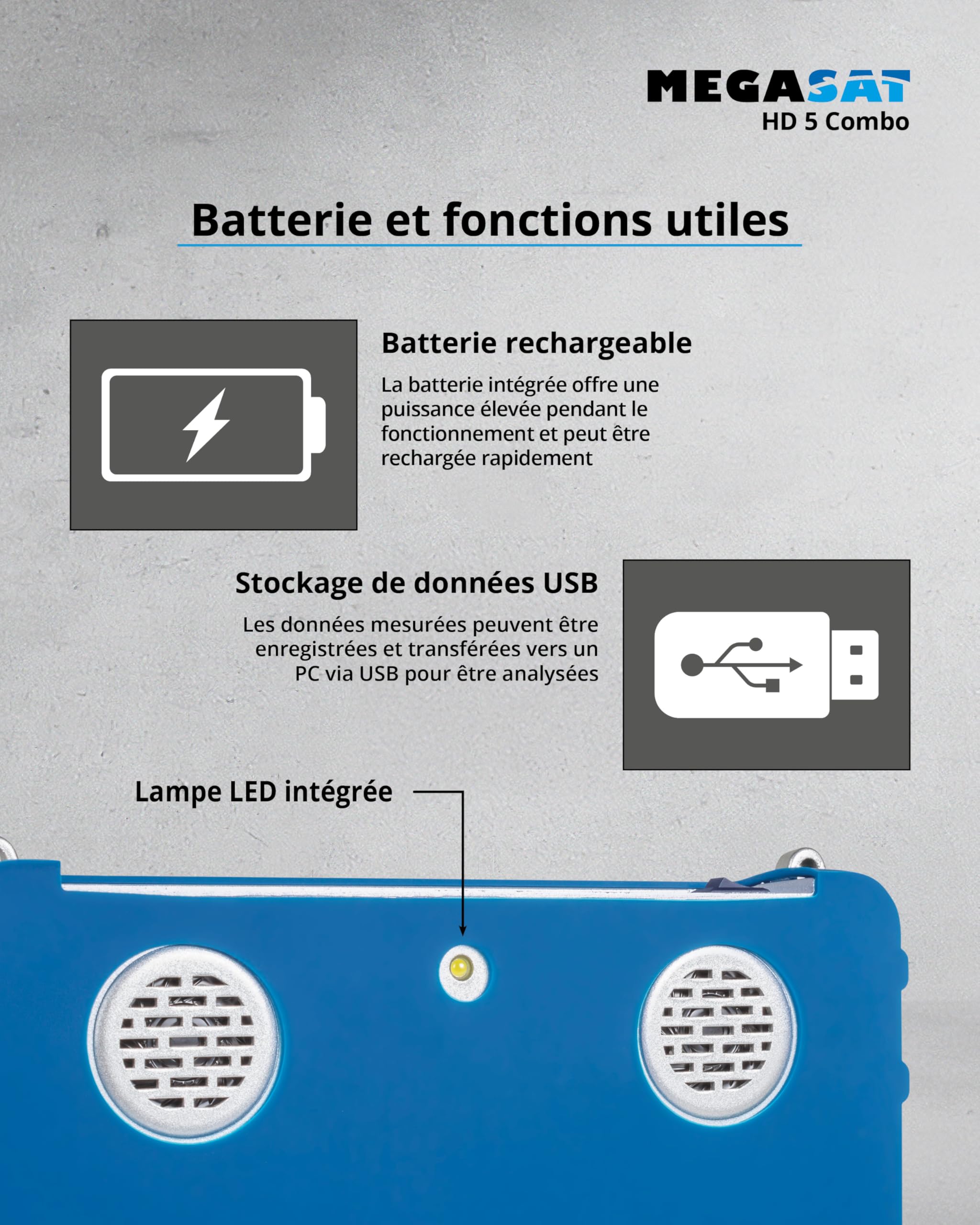 Megasat HD 5 Combo – Appareil de Mesure (pour DVB-S, DVB-S2, DVB-T, DVB-T2, DVB-C, Affichage en Direct TV, Unicable, écran Couleur 5″, Batterie, Lampe)