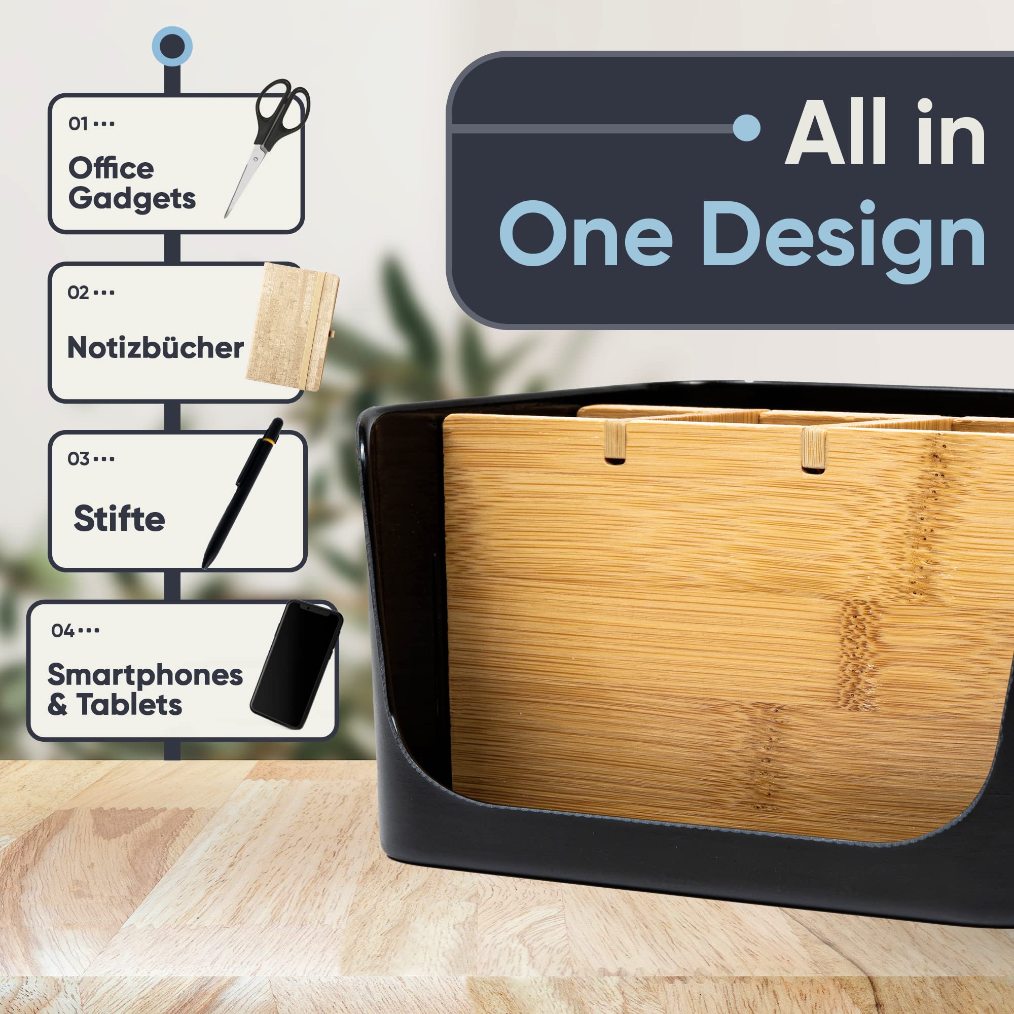 ECO Schreibtisch Organizer | Tisch- Büro- Kosmetik- Organizer | Handy & Tablet Halterung | Stiftehalter Schreibtisch | Briefablage | Serviettenhalter (schwarz, klein)