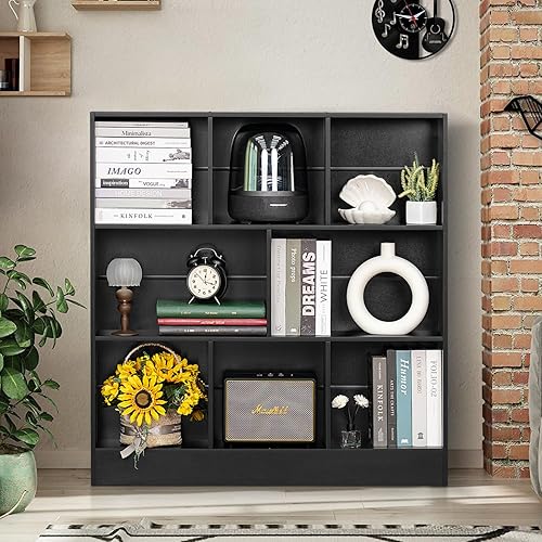 Miniatura 5 de YAHARBO Black Wide Bookshelf,3 Tier Modern Horizontal Bookcase,Wood Low Bookshelves Display Storage Cabinet with Base,Floor Standing 8 Cube Large