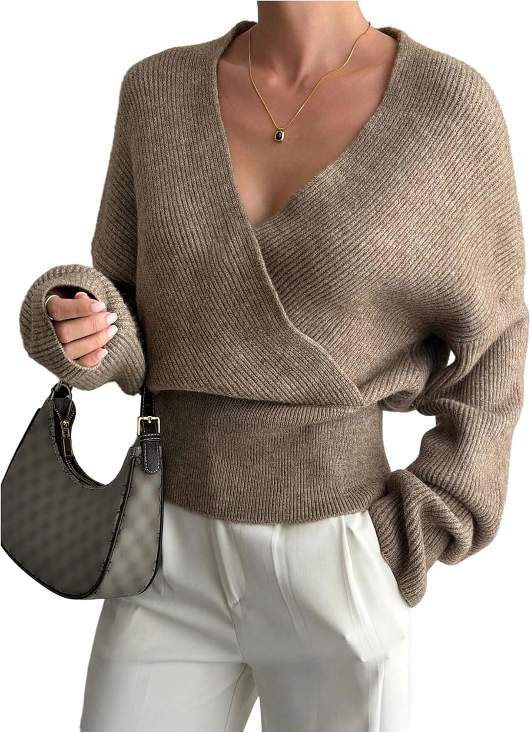 MakeMeChic Women's Wrap V Neck Sweater Long Sleeve Knitted Winter Dressy Pullover Tops
