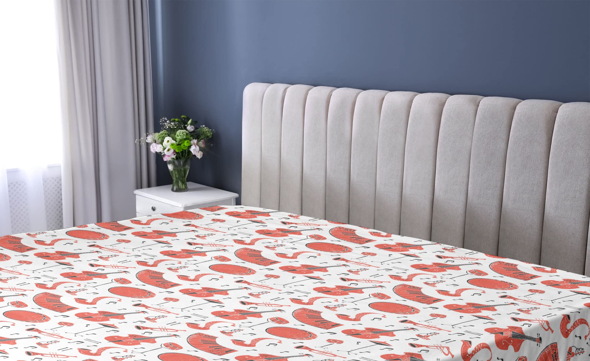 Ambesonne Musical Fitted Sheet, Grunge Effect Musical Instruments as Trombone Trumpet and Double Bass, Bed Cover with All-Round Elastic Deep Pocket for Comfort, California King, Vermilion and Black