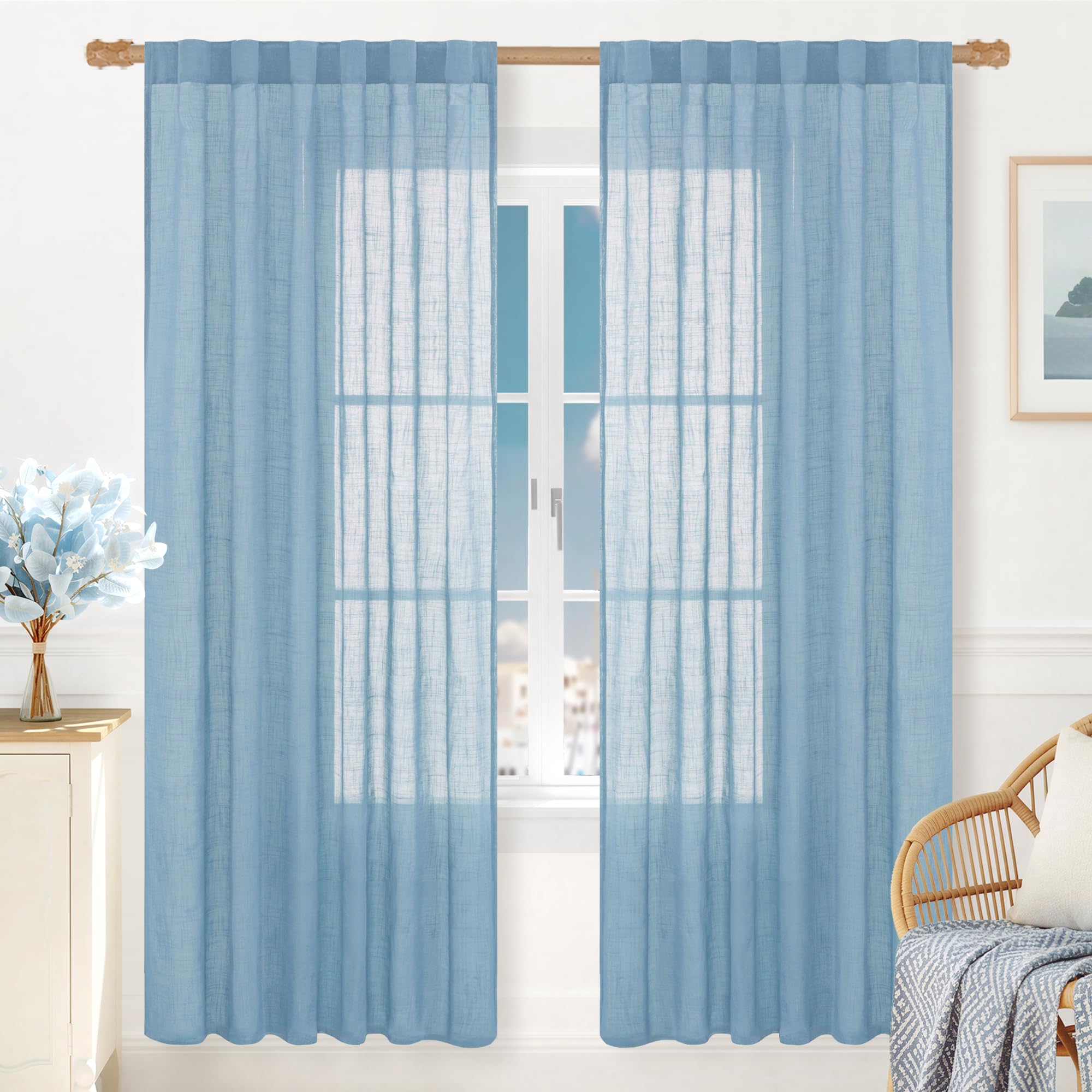 LAMIT Natural Linen Semi Sheer Curtains 84 Inches Long 2 Panels, Living Room Linen Textured Light Filtering Drapes Back Tab and Rod Pocket Neutral Window Panels for Bedroom/Sliding Door, 52 x 84 Inch — view 70