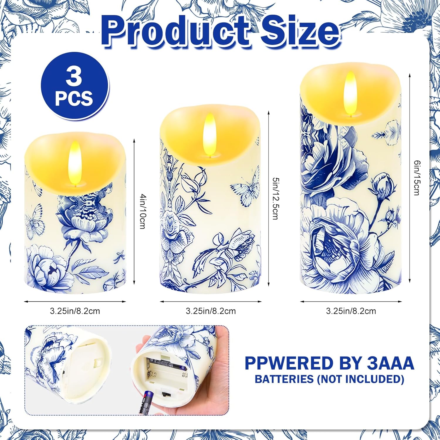 3 Pcs Blue and White Flameless Candles Wedding Table Centerpiece Chinoiserie Candles Blue White Floral Printed Faux Candles with Remote Timer for Wedding Home Holiday Table Decor